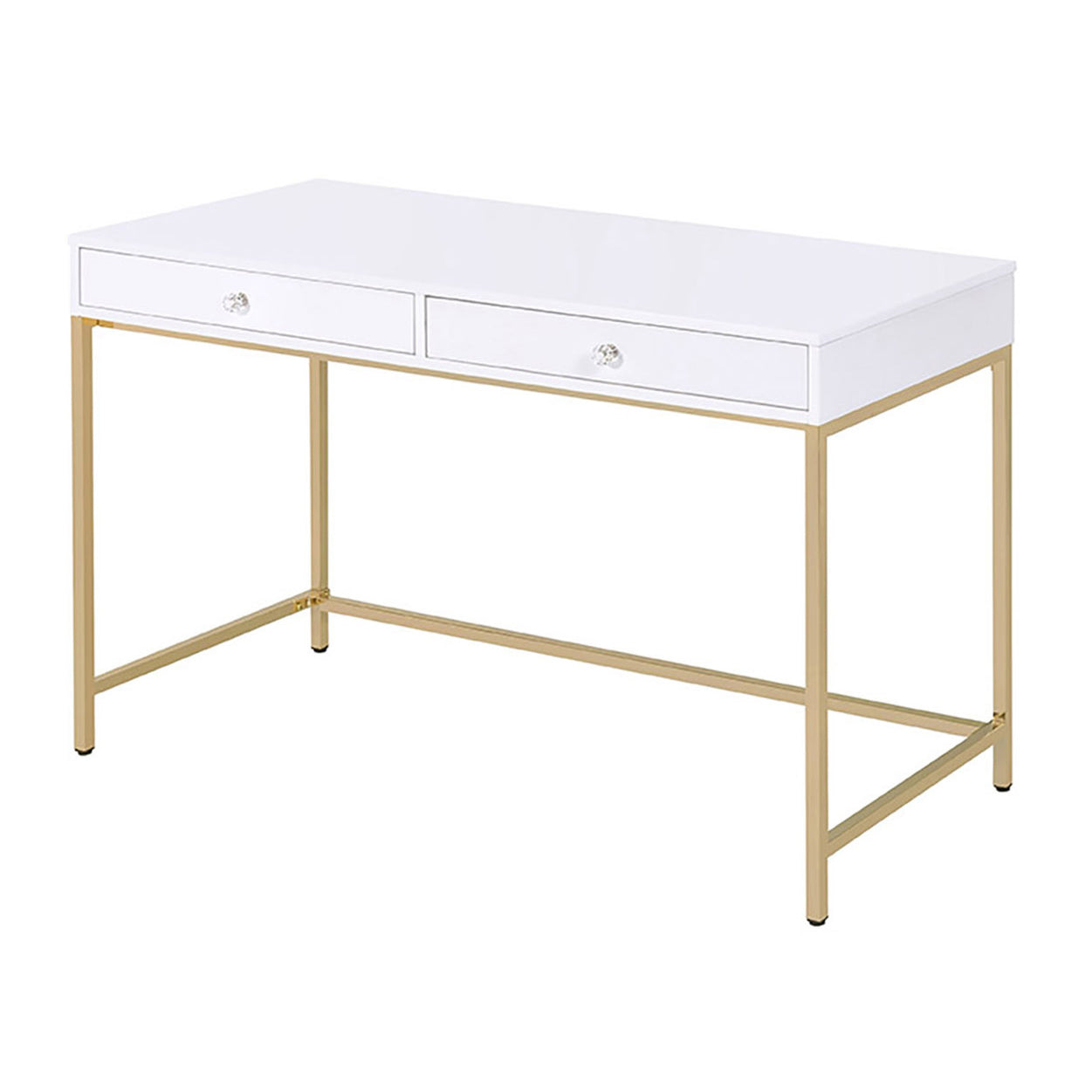 Elegant white desk with gold metal legs and crystal drawer pulls perfect for a modern home office