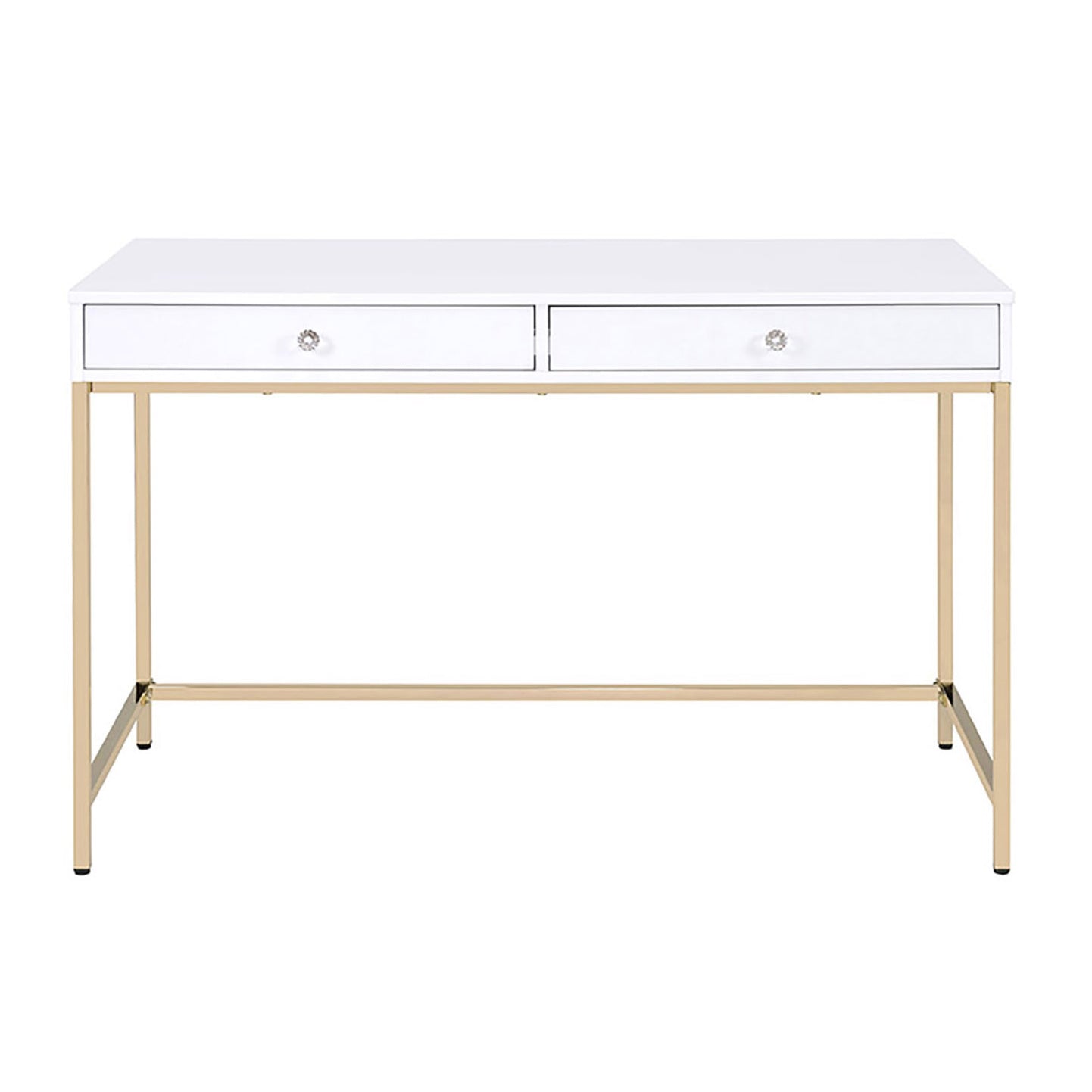 White writing desk with two crystal knobs and gold metal legs