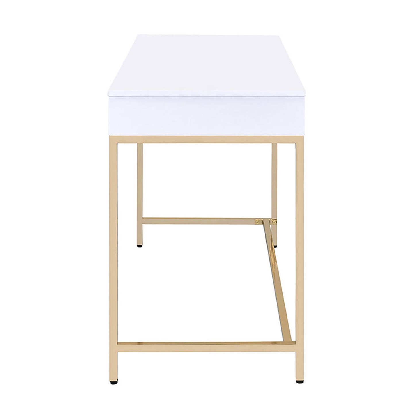 Modern white desk with a single drawer and sleek gold metal legs