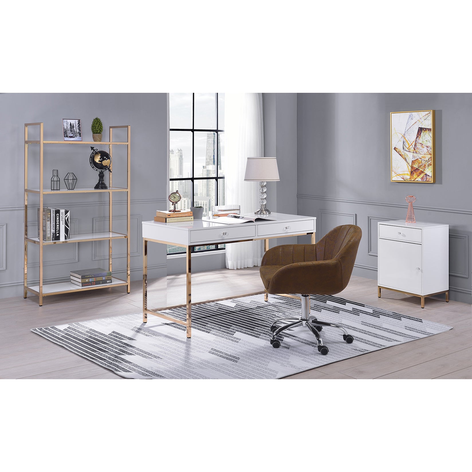 Glamorous white and gold desk with drawers and decorative crystal pulls