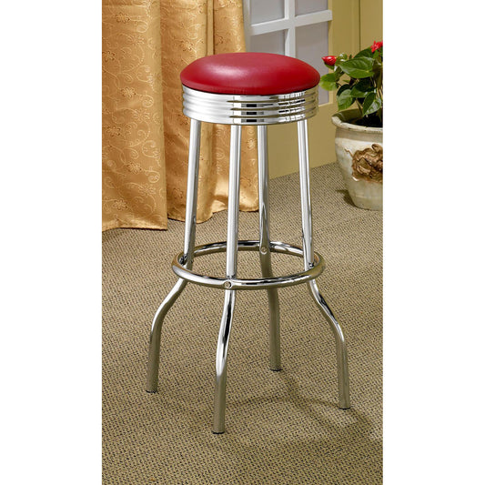 Red vinyl diner bar stool with chrome base and footrest