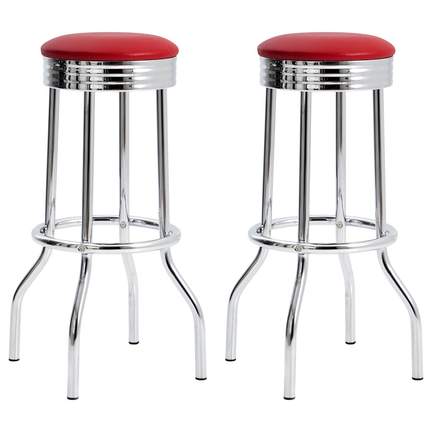 Retro red diner bar stools with chrome accents perfect for a vintage kitchen island