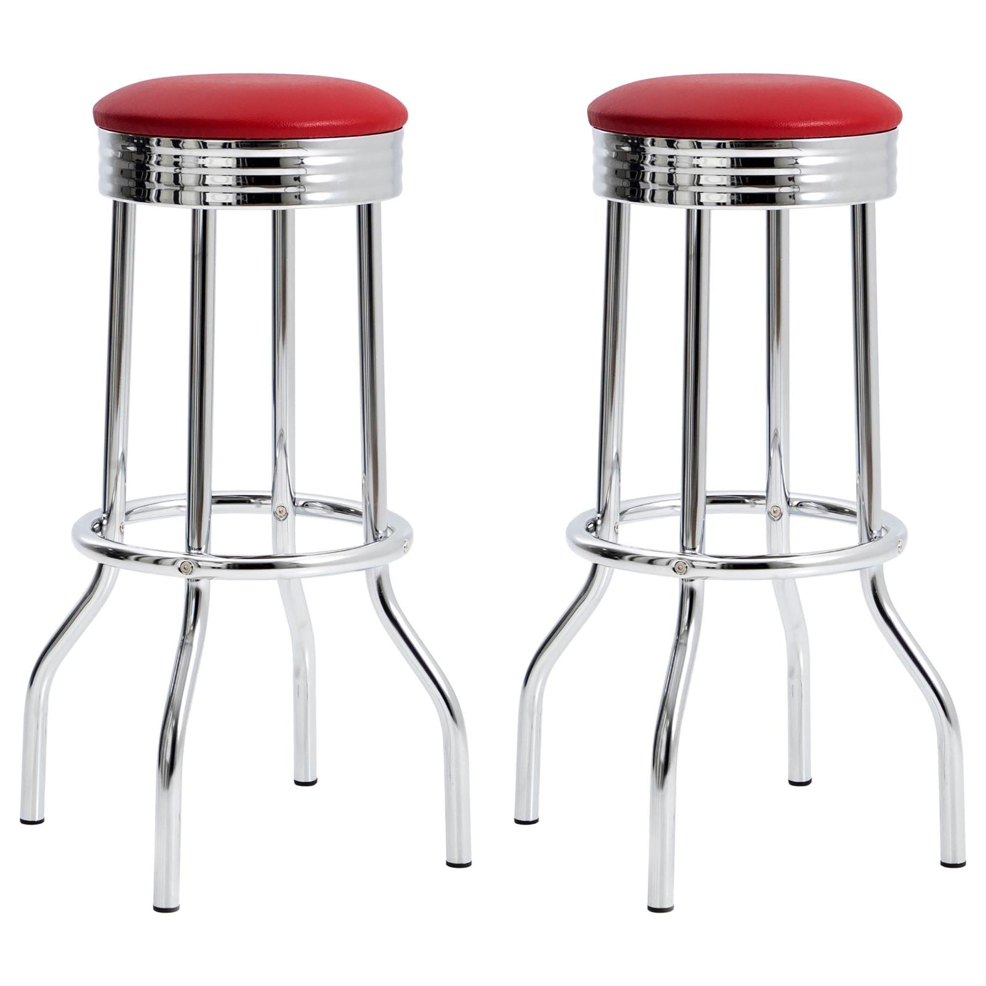 Retro red diner bar stools with chrome accents perfect for a vintage kitchen island