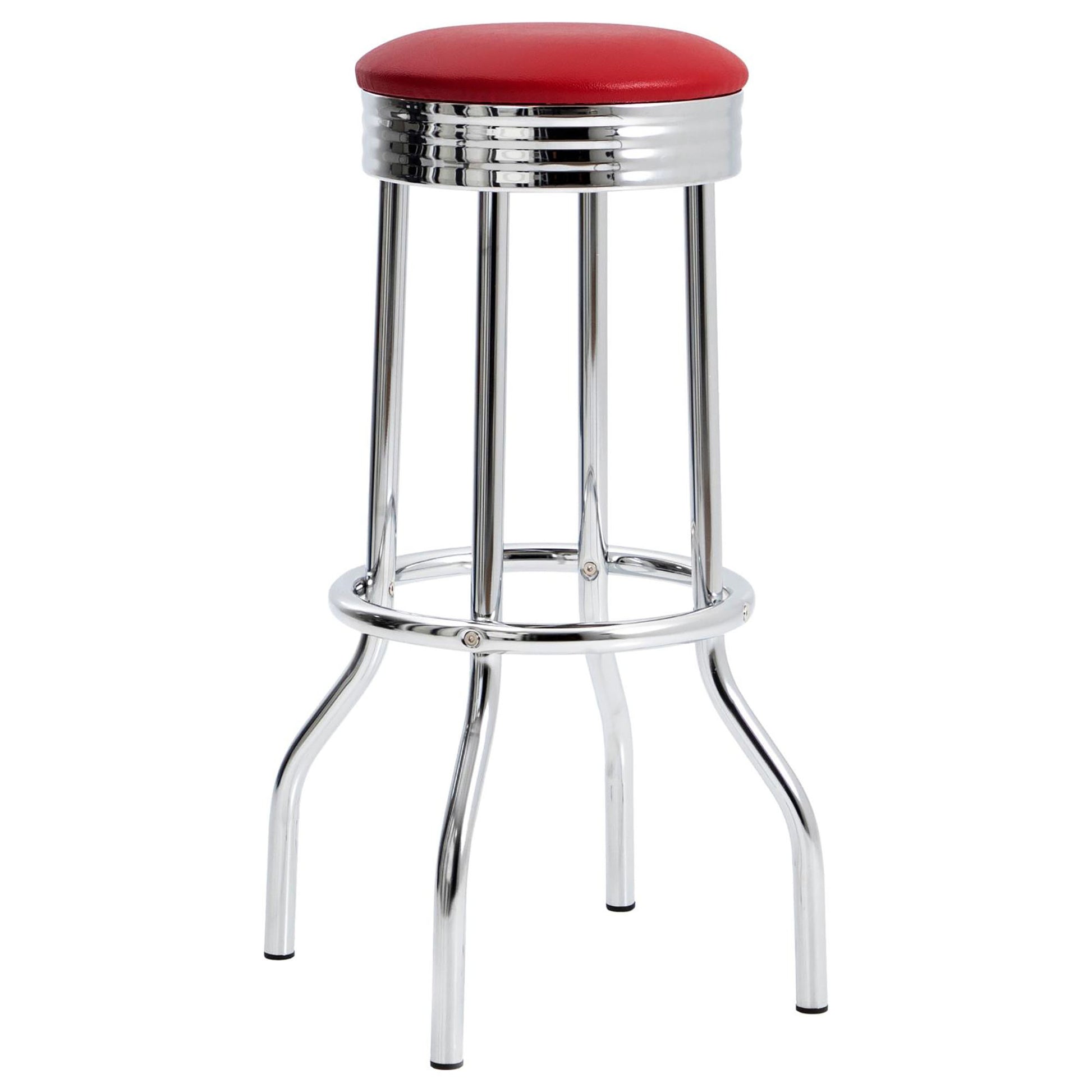 Red vinyl diner stool with chrome accents and polished metal legs