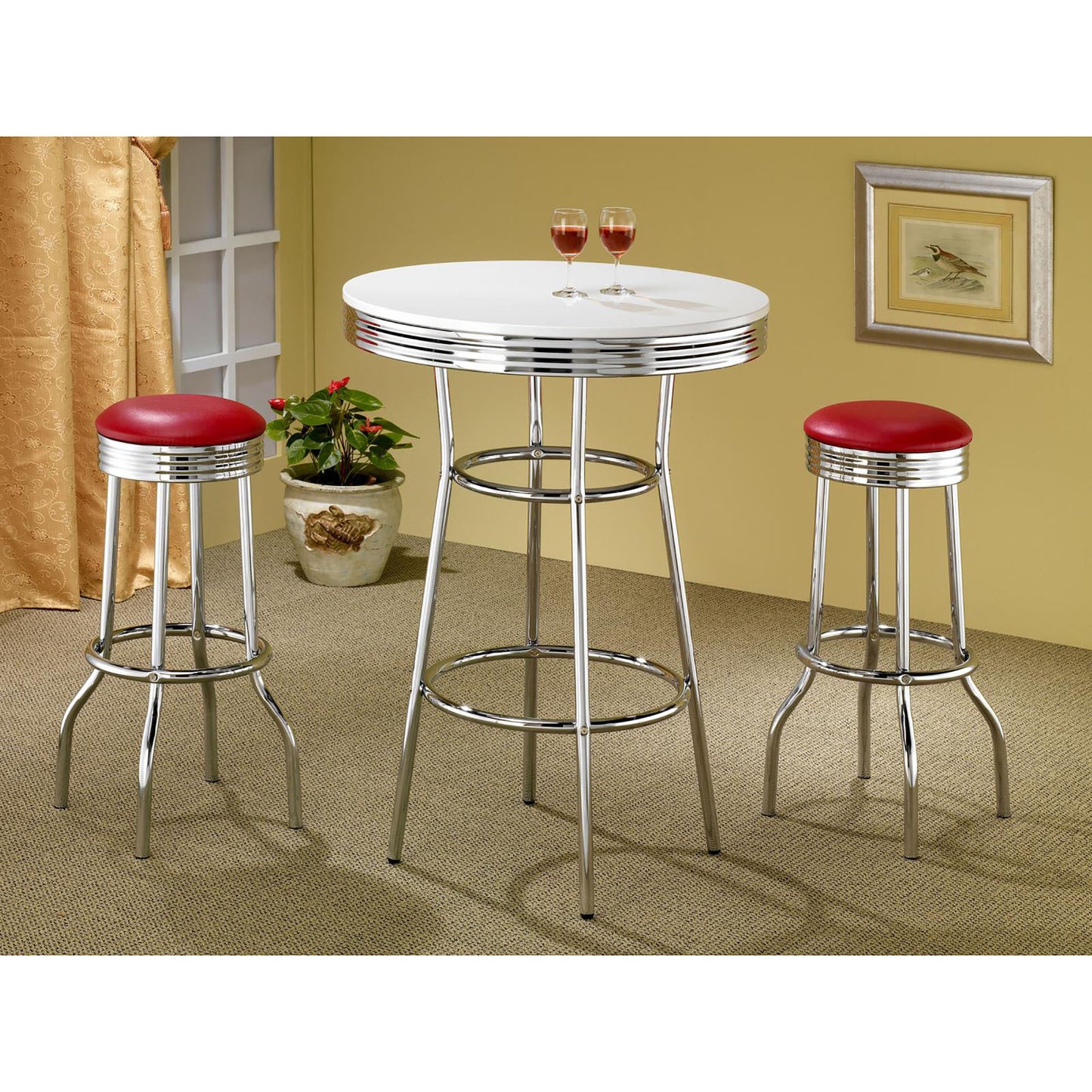 Retro diner bar table with white tabletop and chrome trim featuring two red bar stools