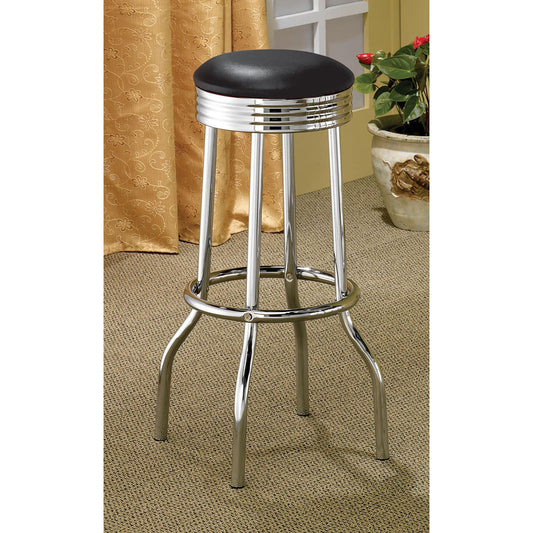 Black vinyl retro diner stool with chrome accents and circular footrest