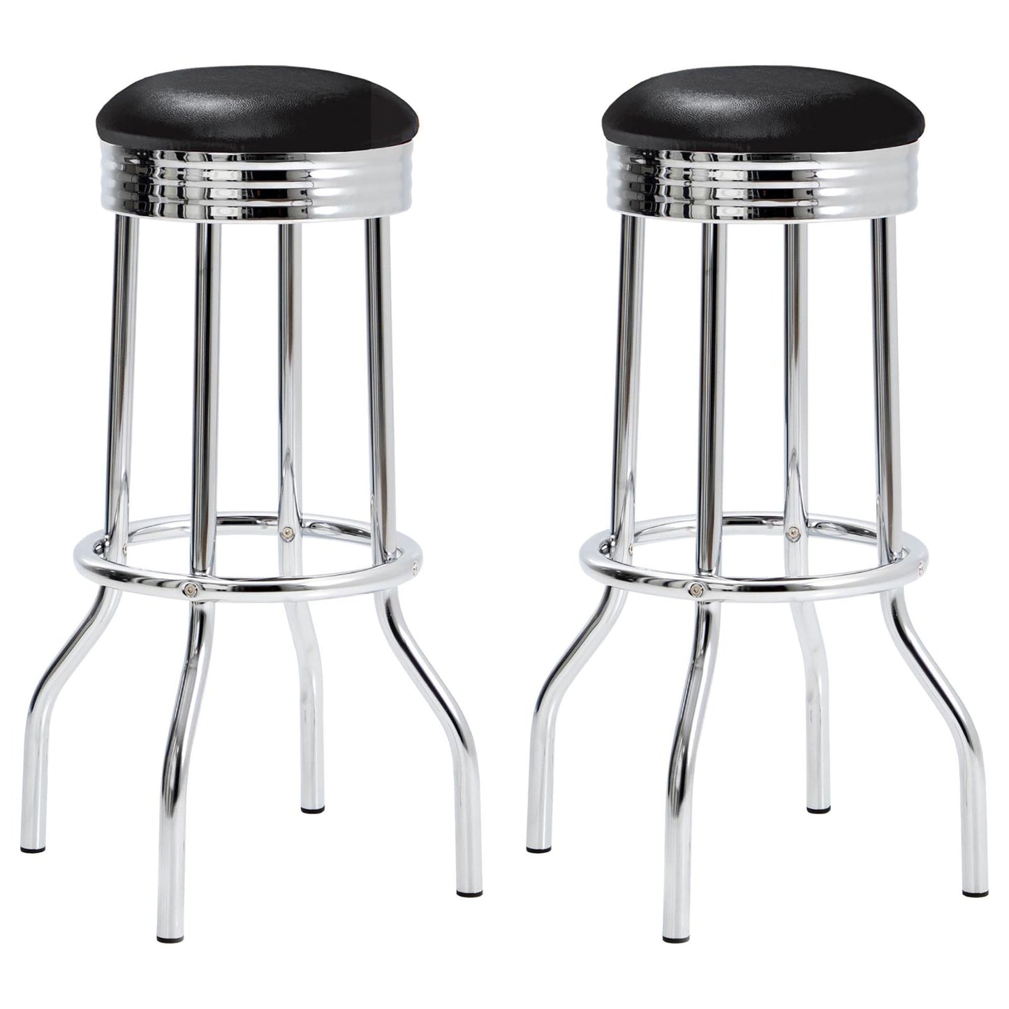 Two retro dinerstyle bar stools with black padded seats and chrome frames