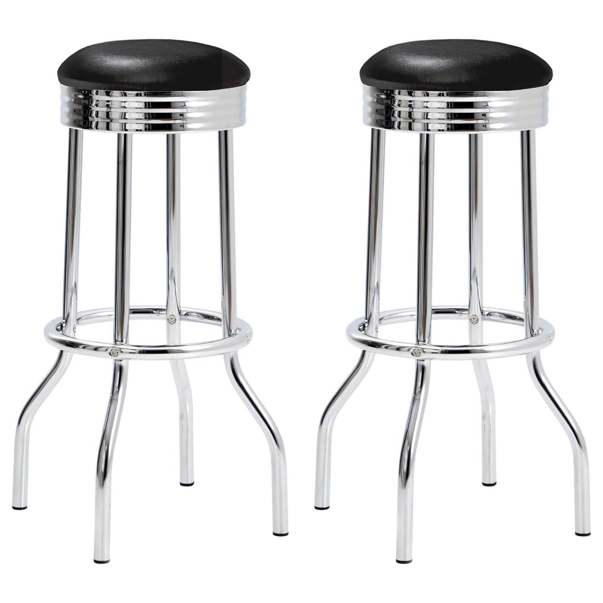 Two retro dinerstyle bar stools with black padded seats and chrome frames