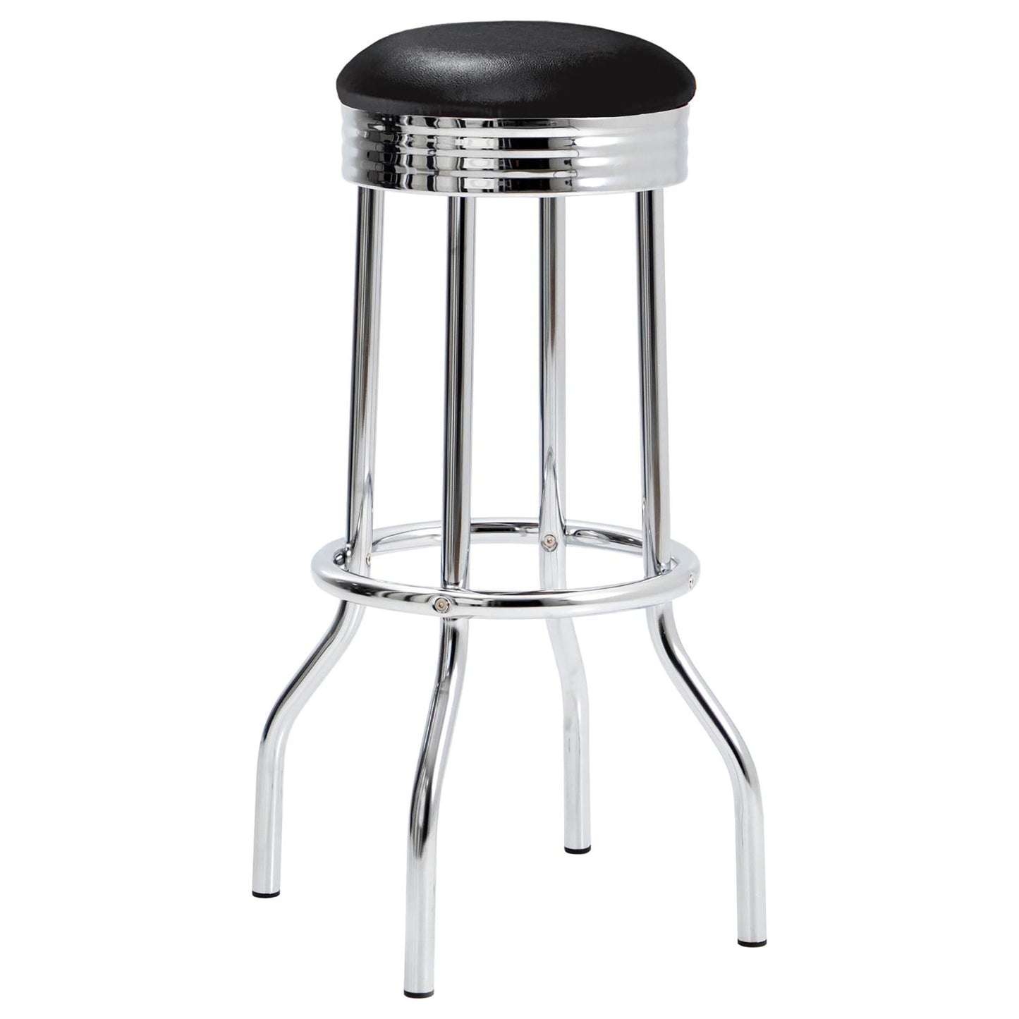 Black vinyl upholstered bar stool with chrome accents and ring footrest ideal for retro diners