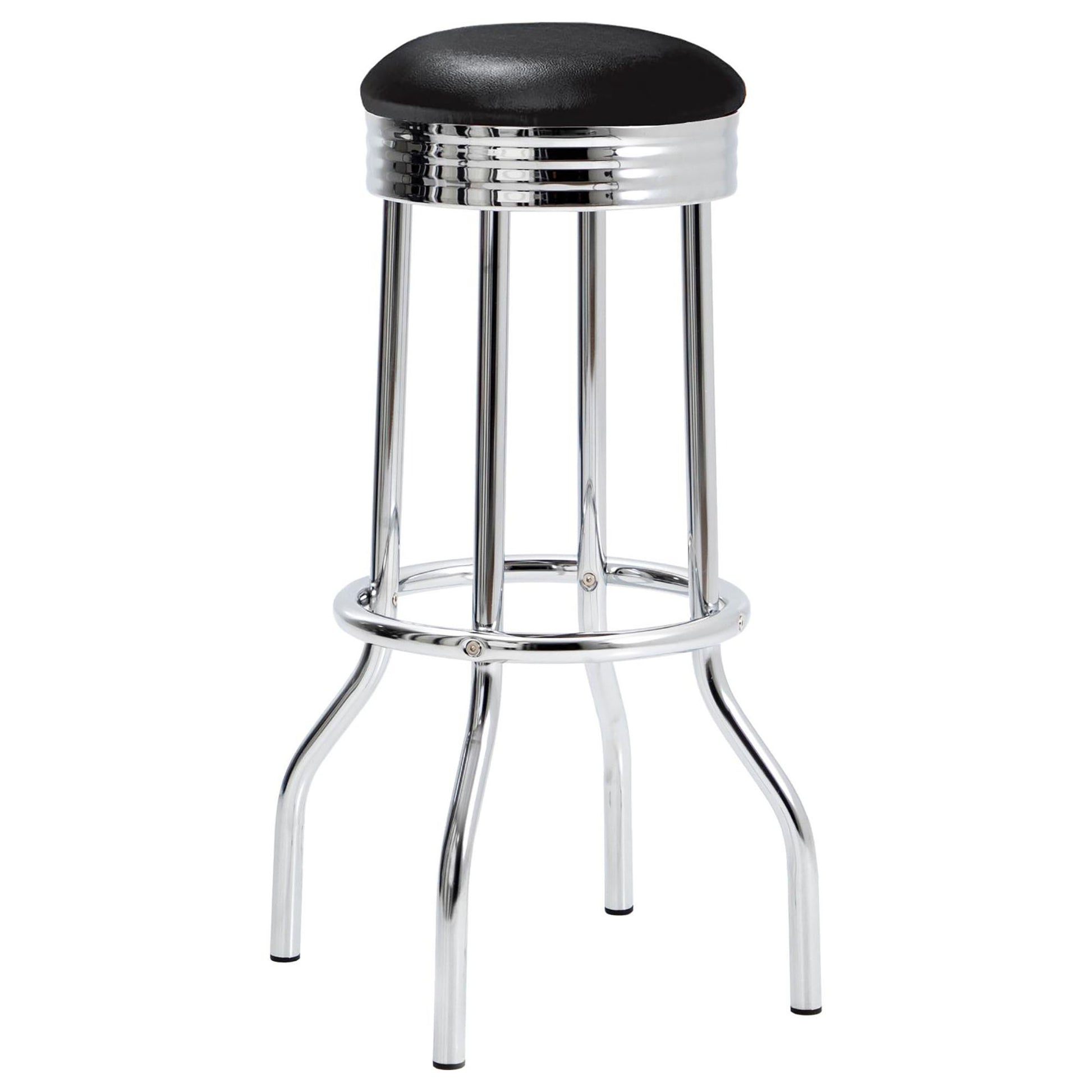 Black vinyl upholstered bar stool with chrome accents and ring footrest ideal for retro diners