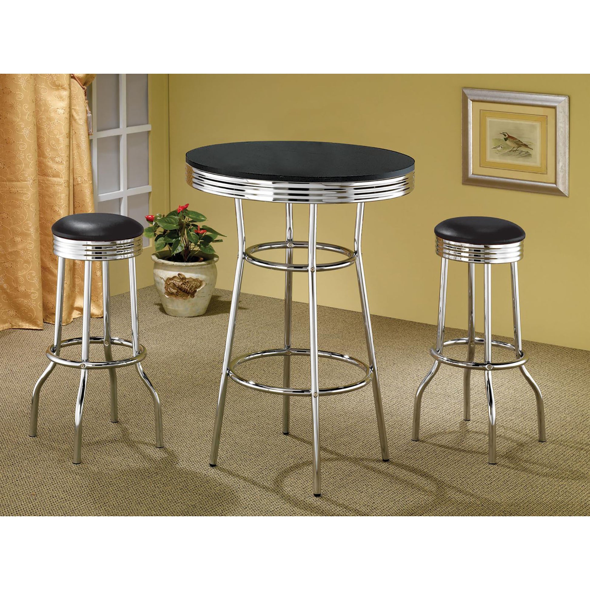 Retro diner bar stools with black padded seats and chrome frames  included