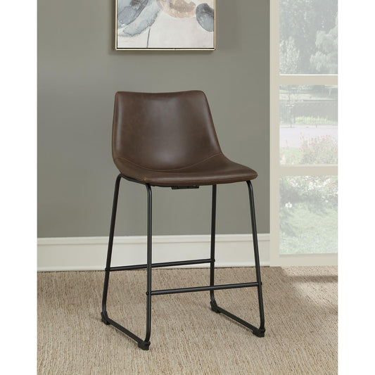 Brown faux leather counter stool with black metal legs and minimalist design