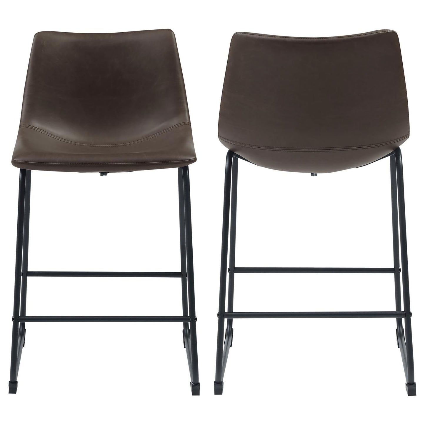 Brown faux leather counter stool with stitched details and black metal legs