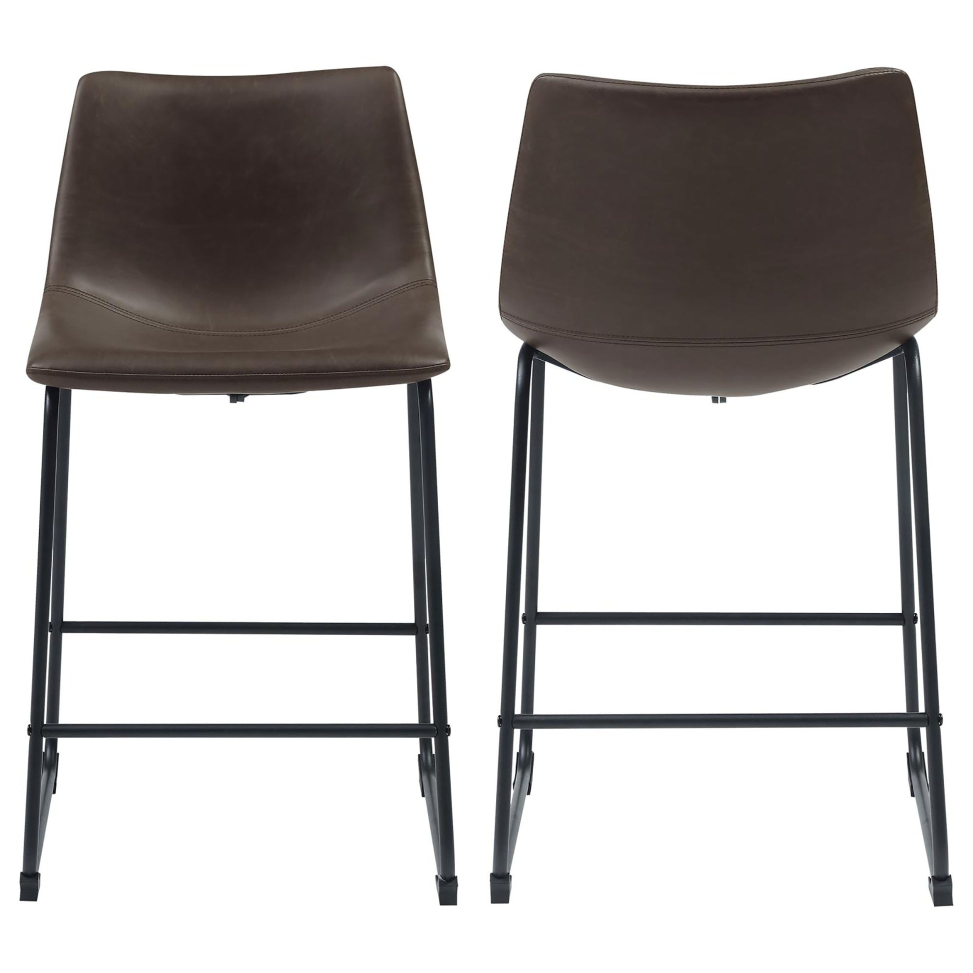 Brown faux leather counter stool with stitched details and black metal legs