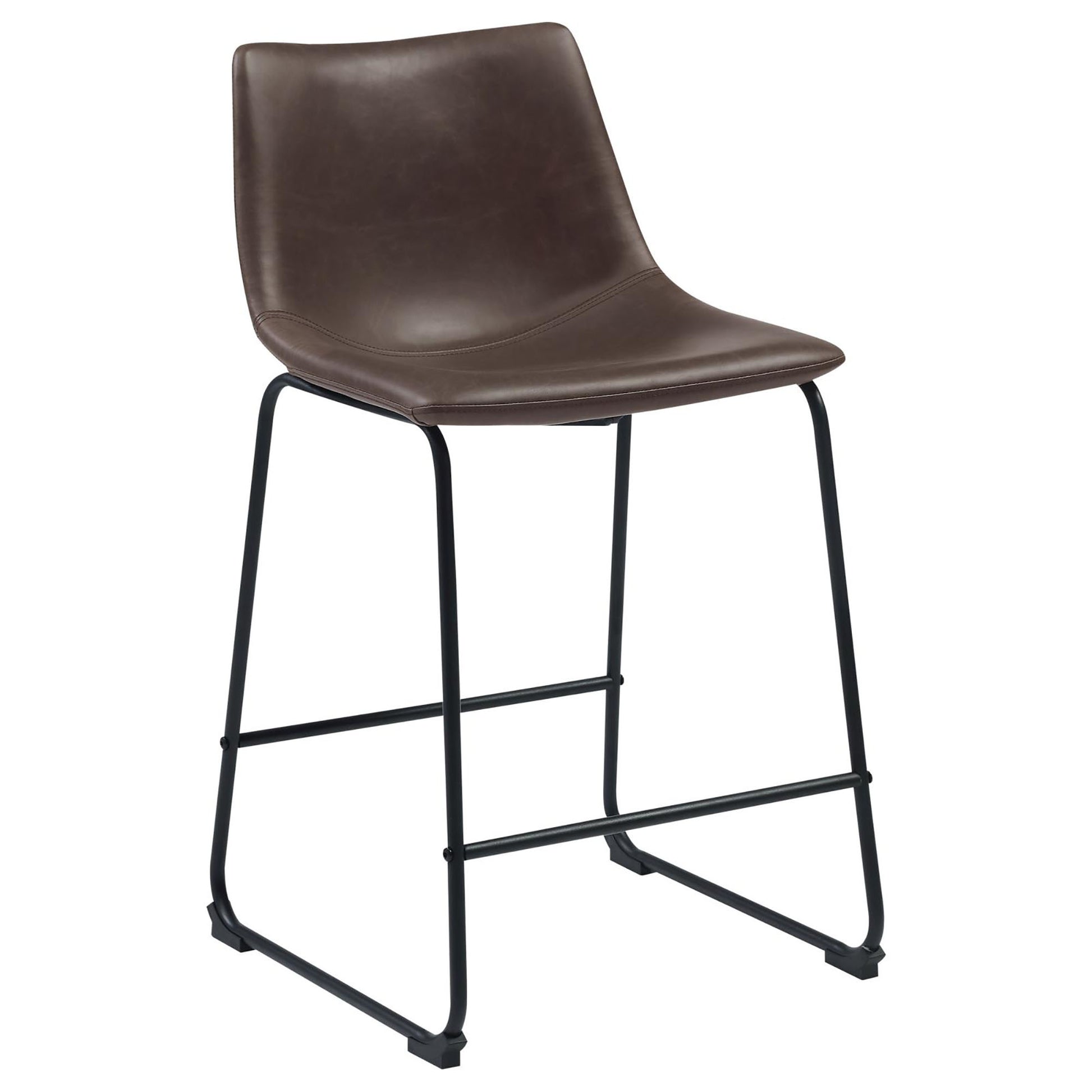 Brown faux leather counter stool with black metal legs and footrest