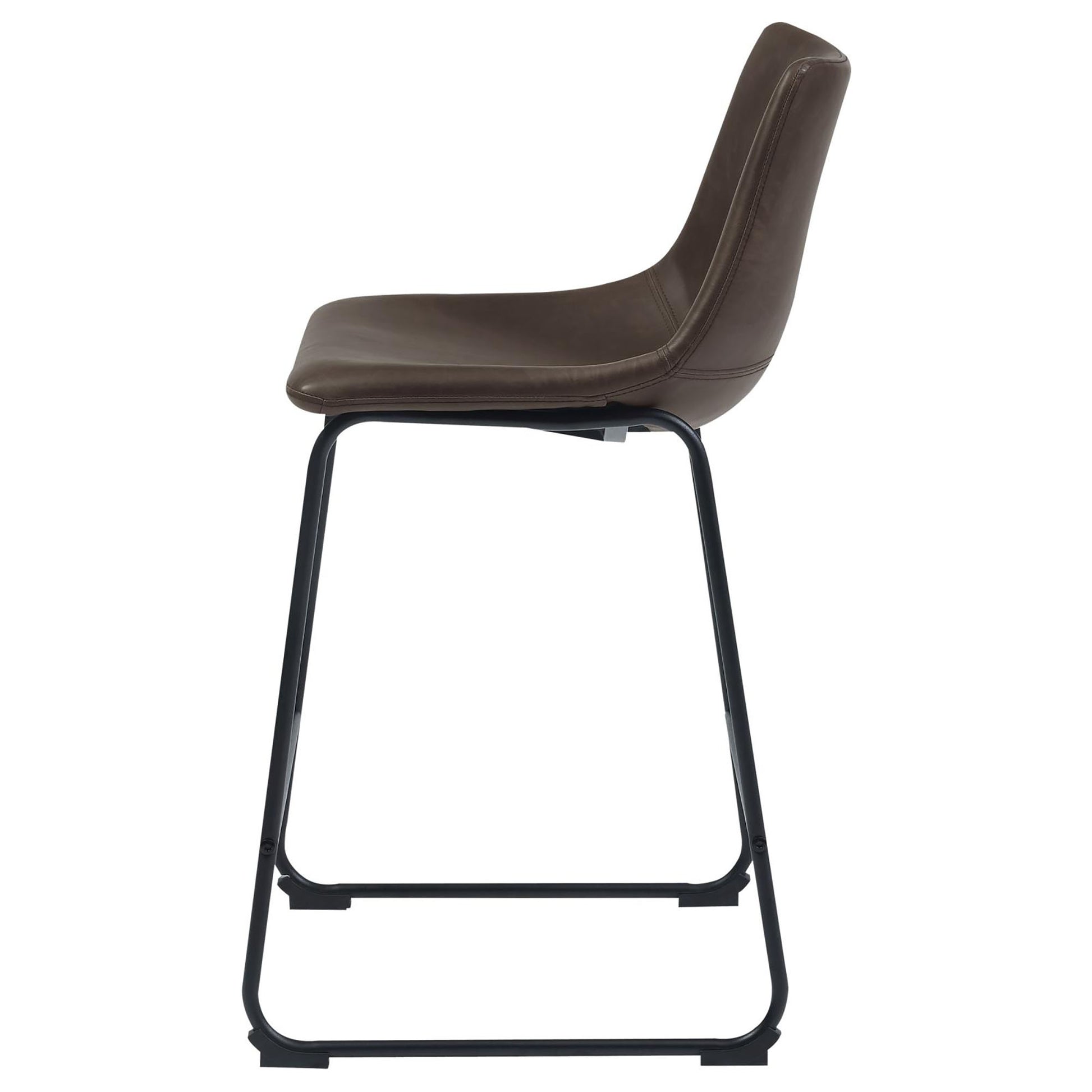 Side view of a brown faux leather counter stool with black metal legs