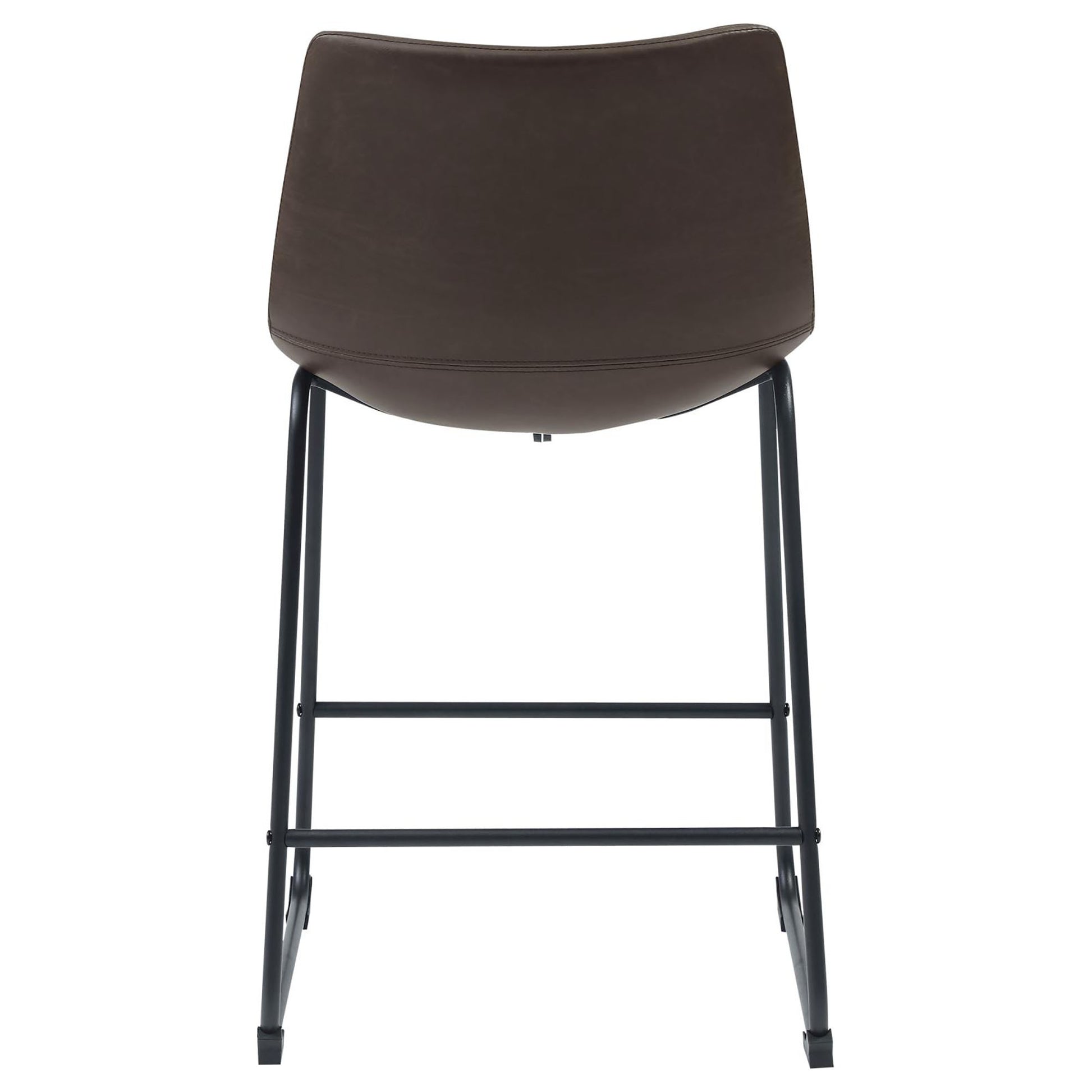 Back view of a brown faux leather bar stool with black metal legs and footrests