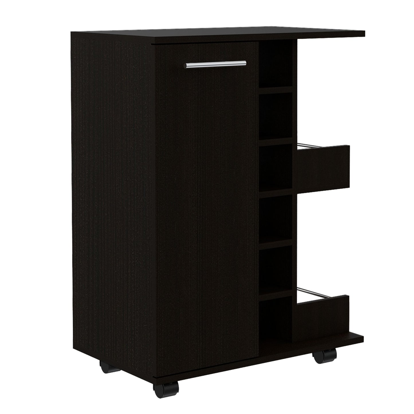 Dark brown bar cart with silver handle and open shelves