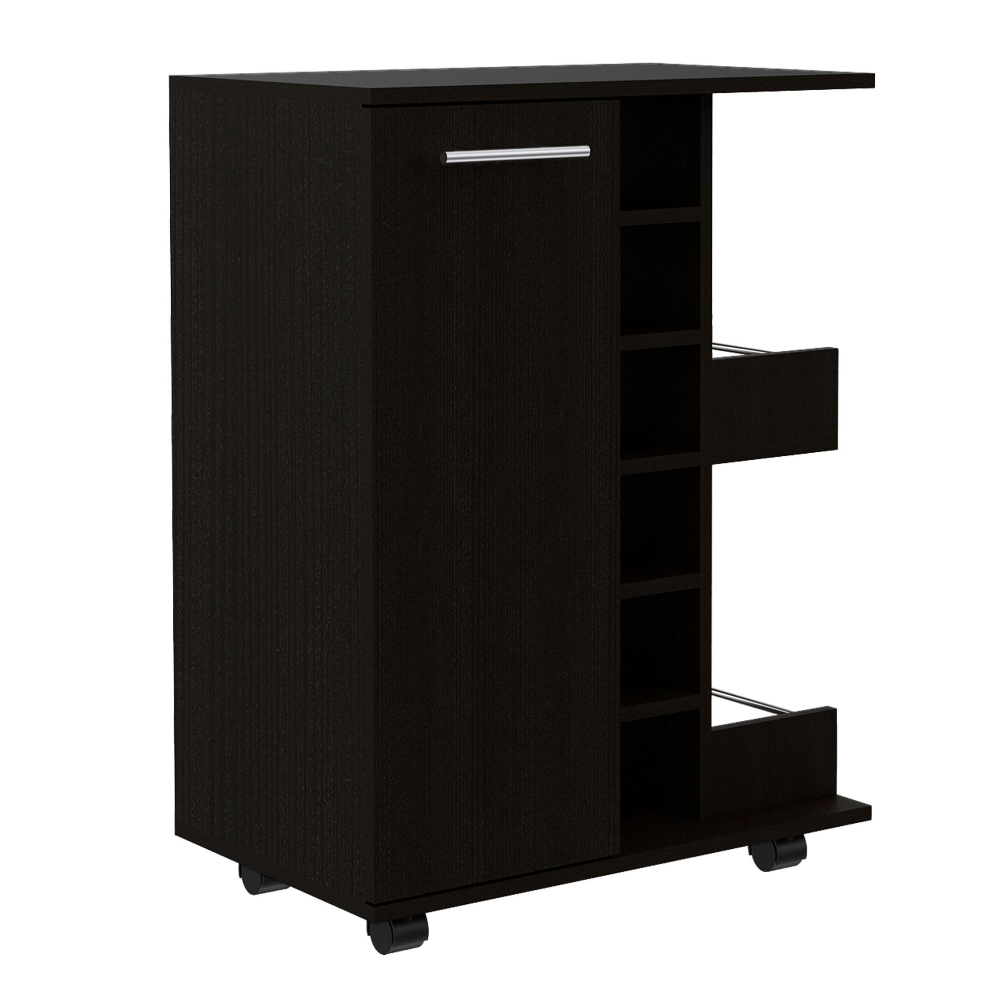 Dark brown bar cart with silver handle and open shelves