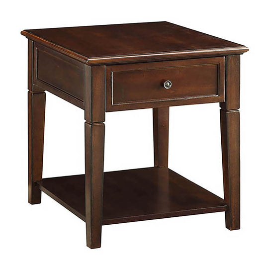 Dark brown wood end table with one drawer and lower shelf ideal for living rooms