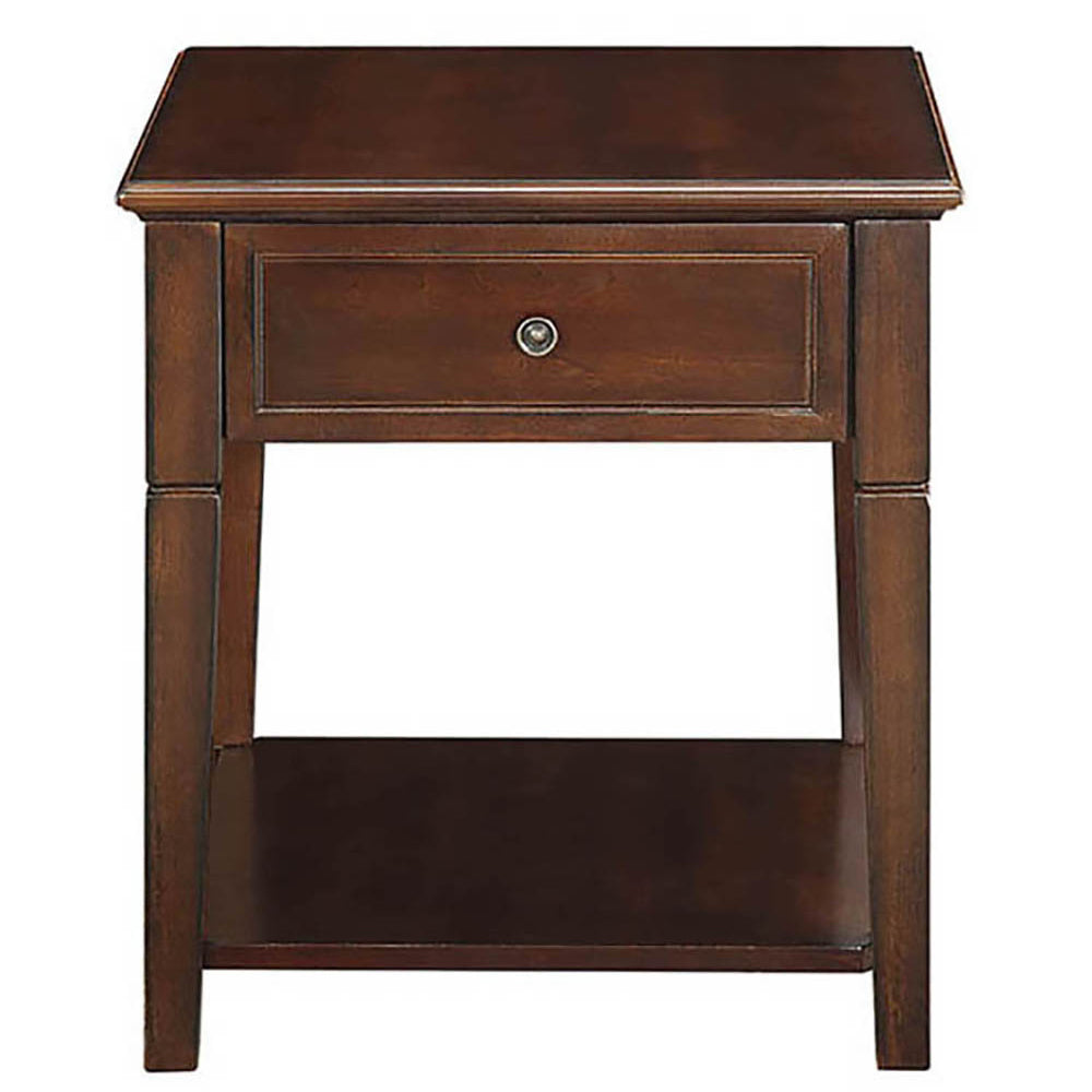 Dark brown wooden end table with a single drawer and open shelf