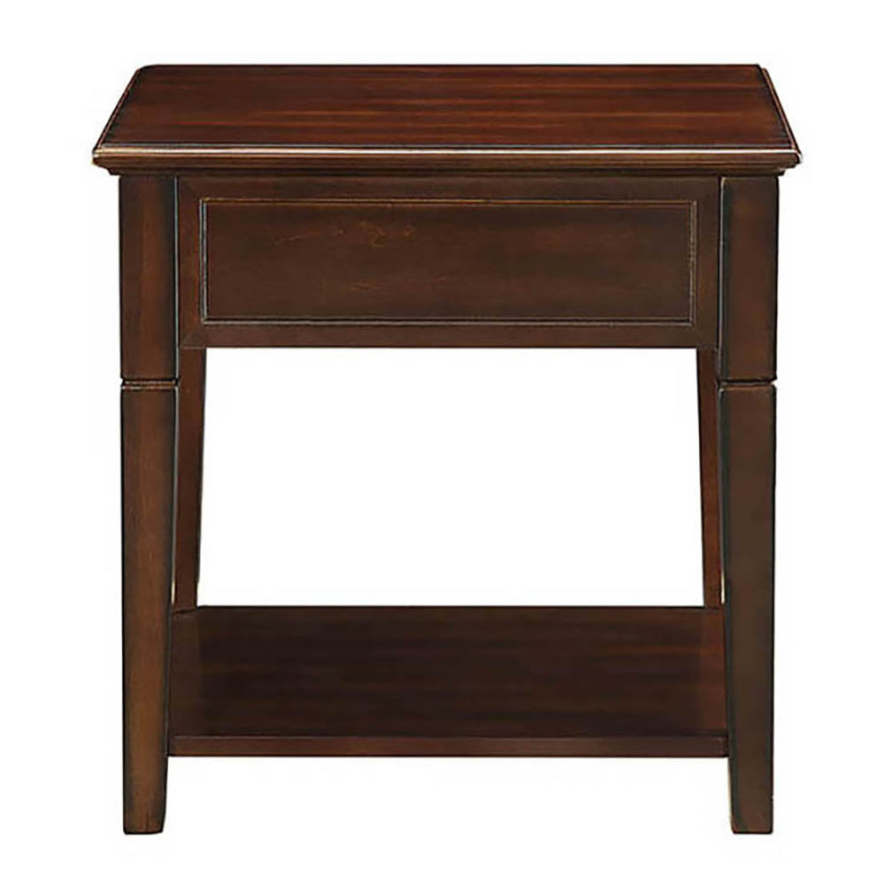 Dark brown wooden end table with one drawer and open shelf