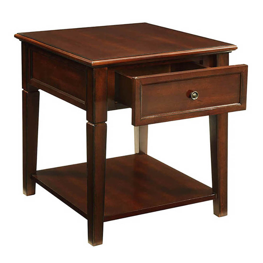 Rich mahogany wood end table with an open drawer and lower shelf for storage