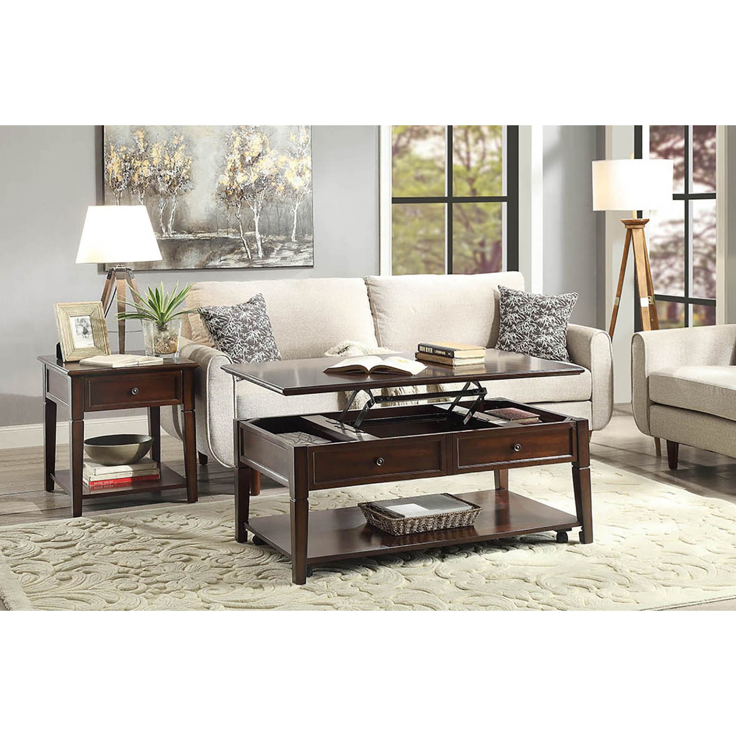 Dark wood lifttop coffee table with storage perfect for modern living rooms