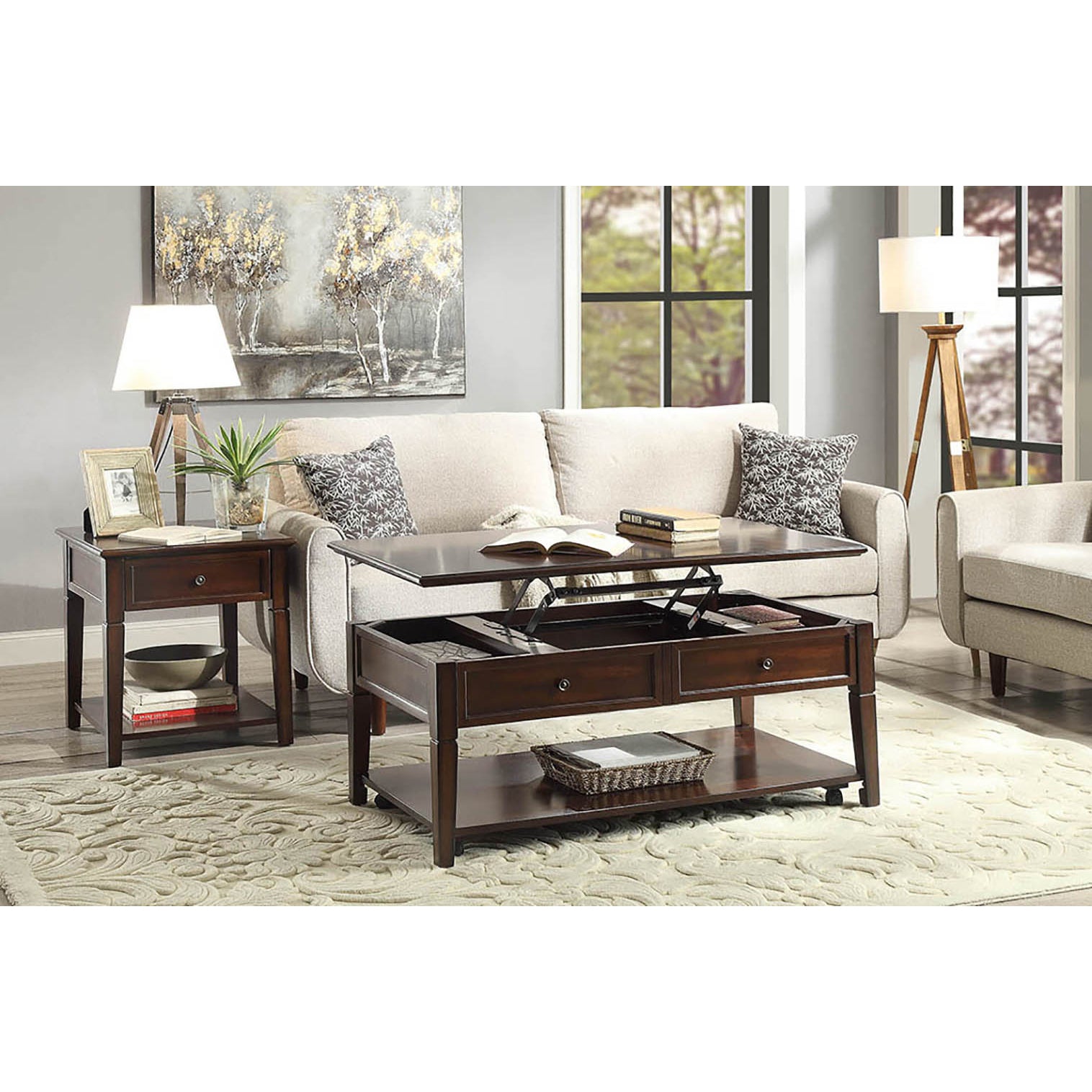 Dark wood lifttop coffee table with storage perfect for modern living rooms