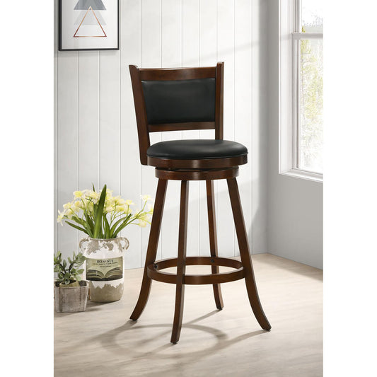 Wooden swivel bar stool with black faux leather seat and backrest