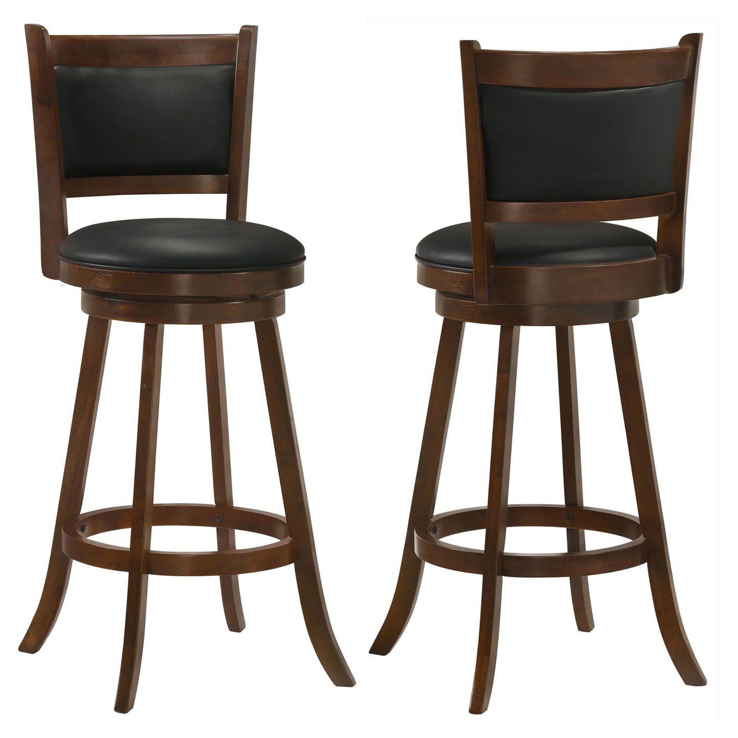 Two brown wooden swivel bar stools with black upholstered seats and backs