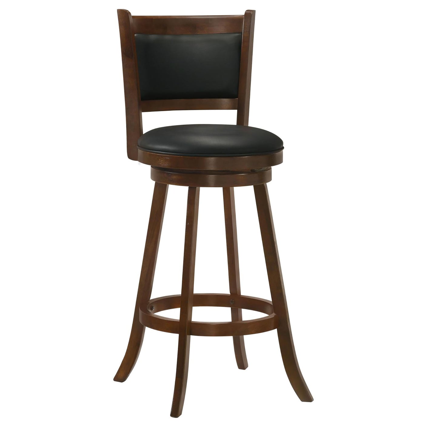 Dark brown wood bar stool with black faux leather seat and back perfect for kitchen islands