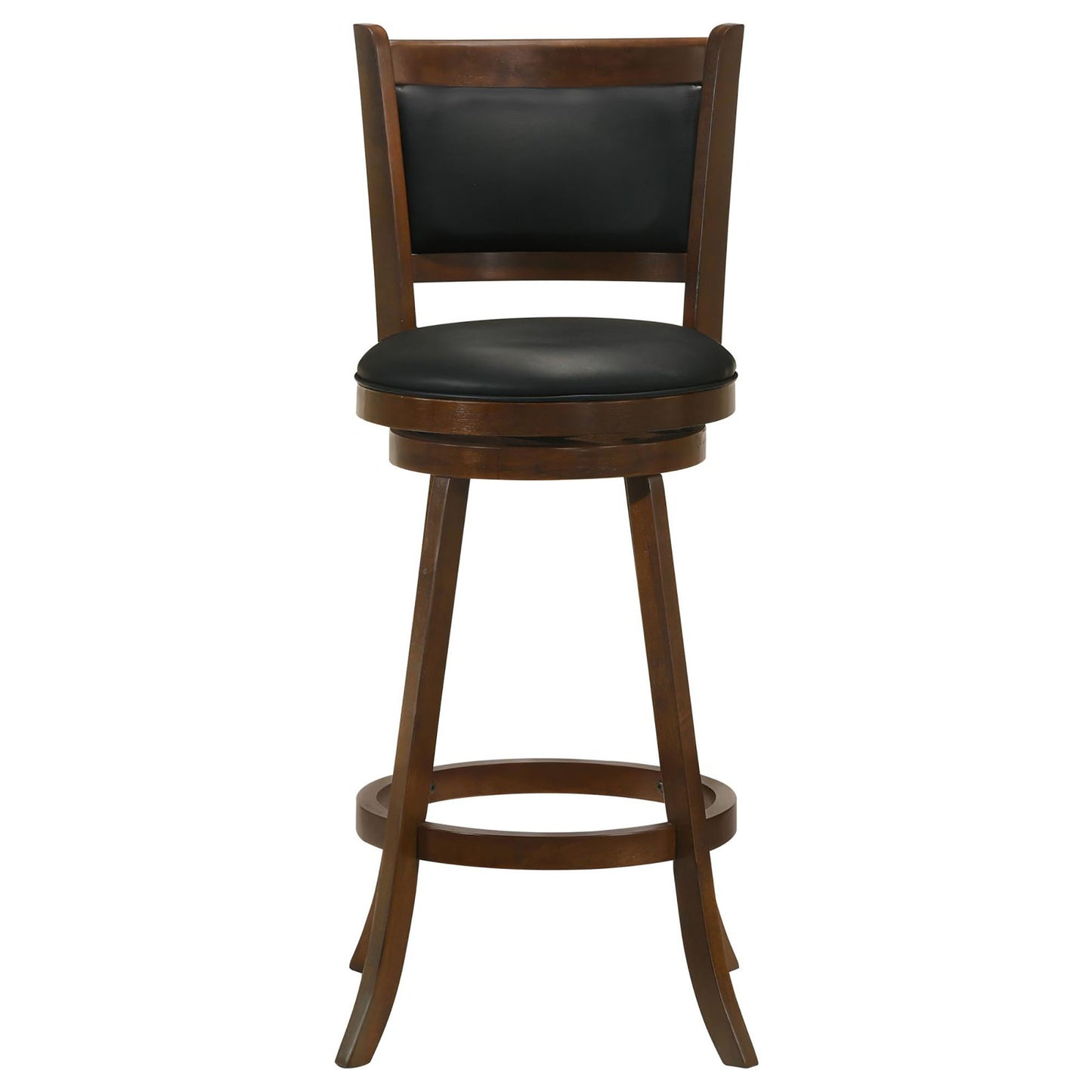 Swivel bar stool with black leather upholstery and dark wood frame