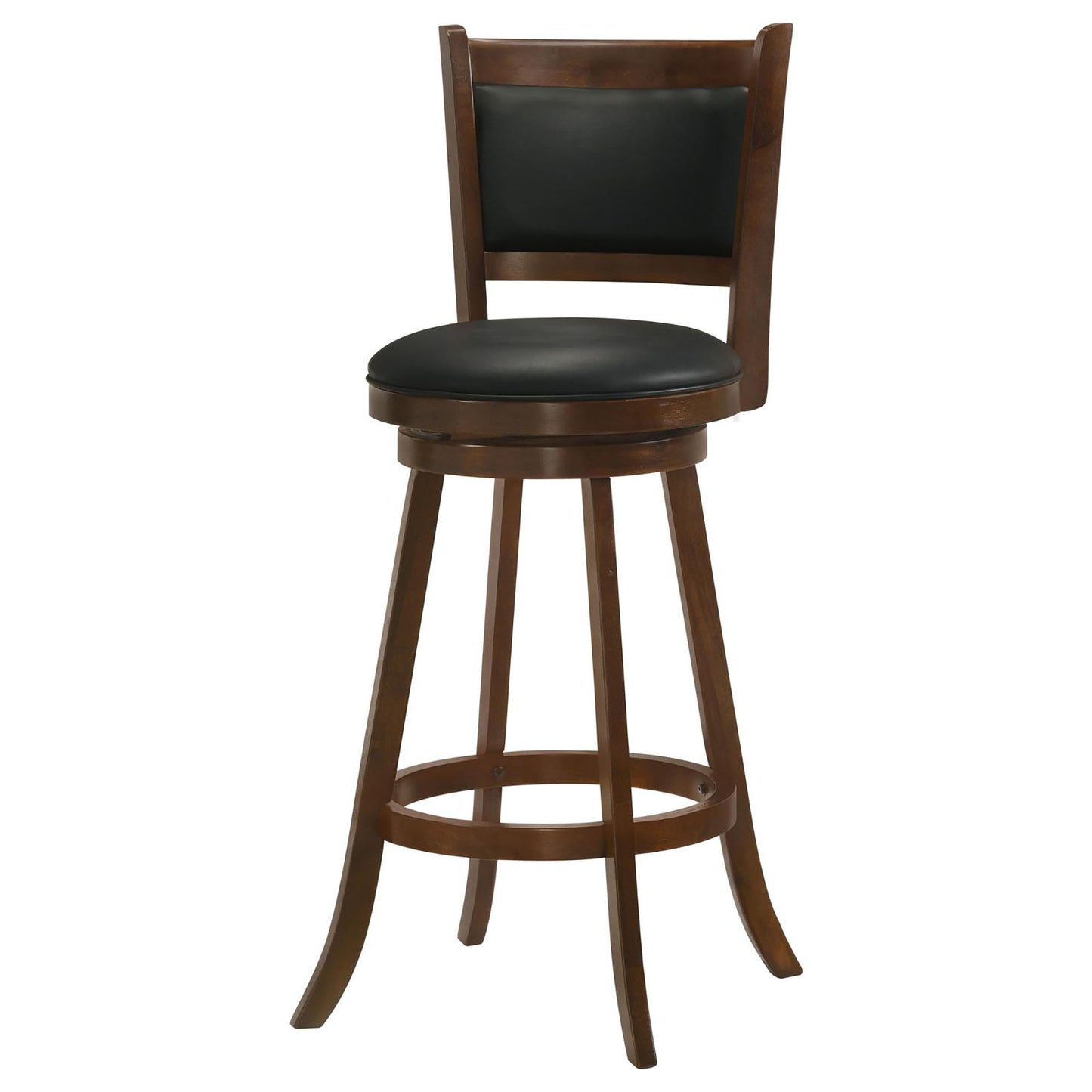 Brown wooden swivel bar stool with black padded seat and back