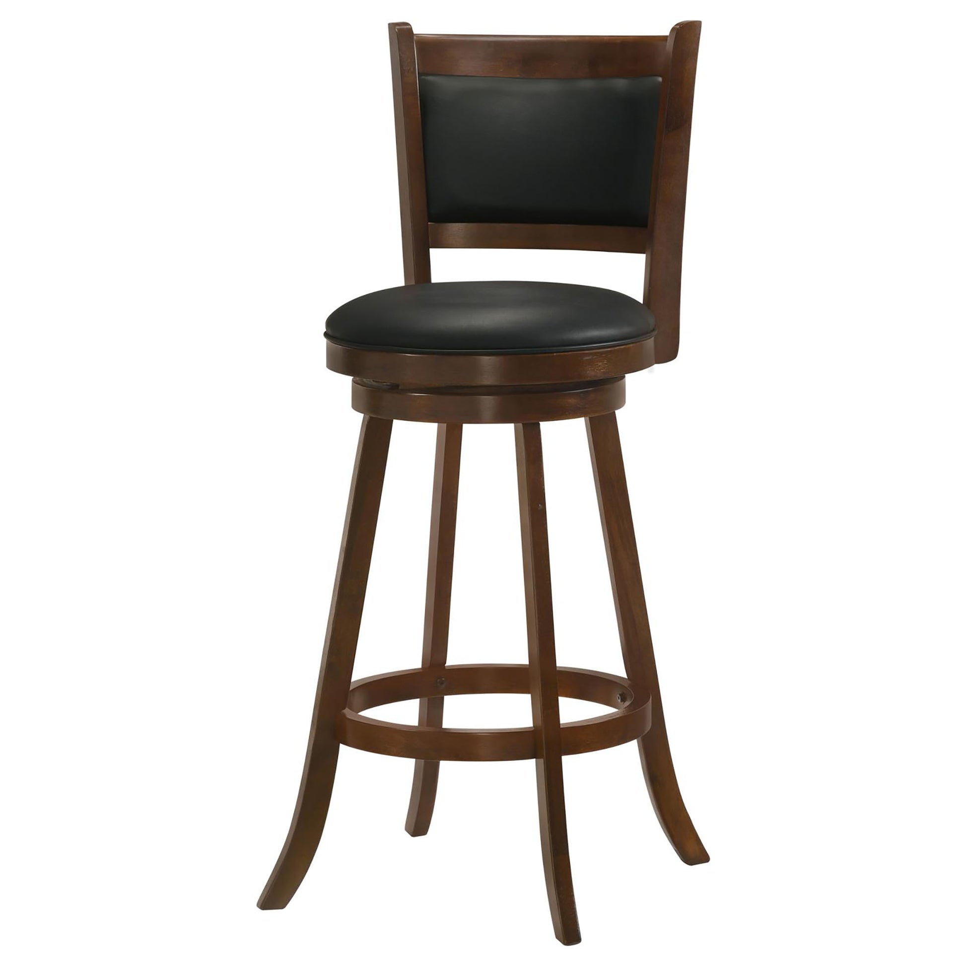 Brown wooden swivel bar stool with black padded seat and back
