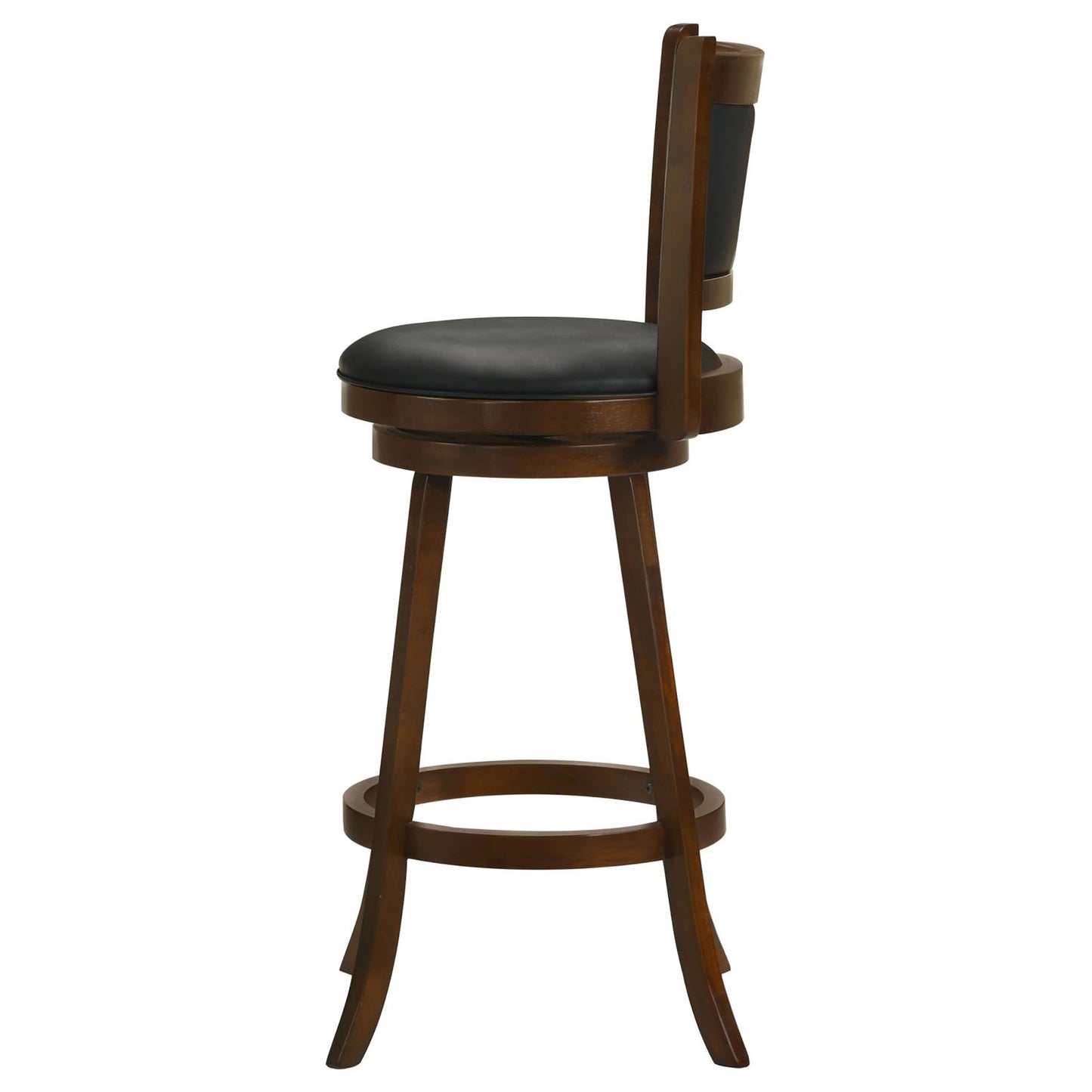 Dark wood and black upholstered swivel bar stool with footrest
