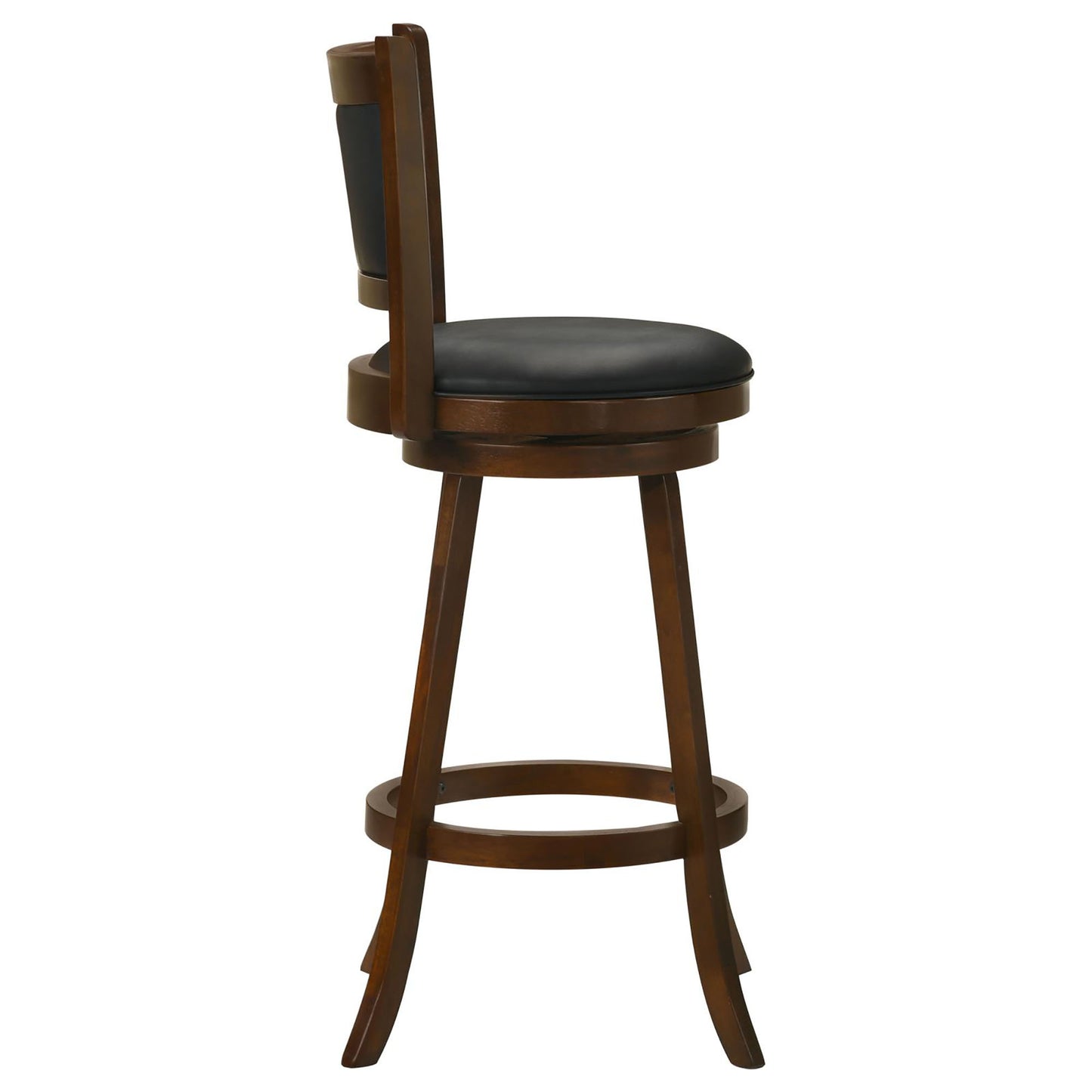 Dark brown wooden swivel bar stool with black padded seat and backrest