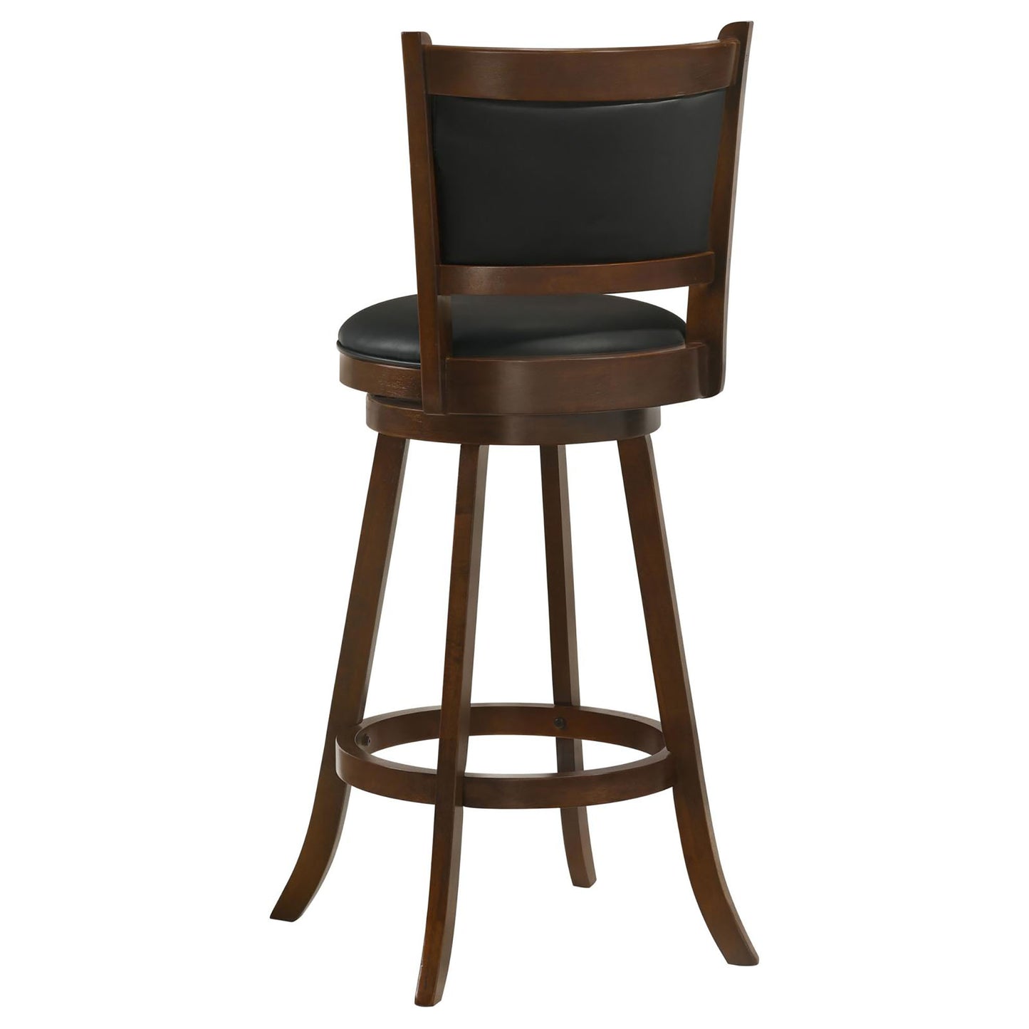 Swivel bar stool with black faux leather seat and dark wood frame  inches high