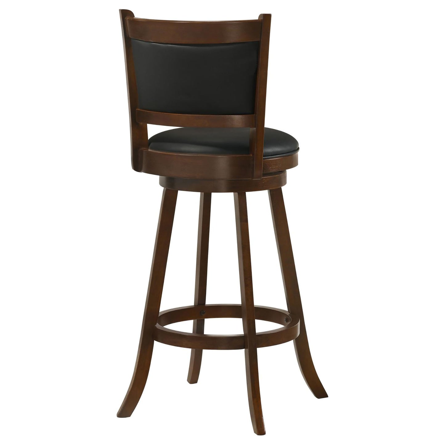 Brown wooden bar stool with black upholstered seat and backrest  swivel