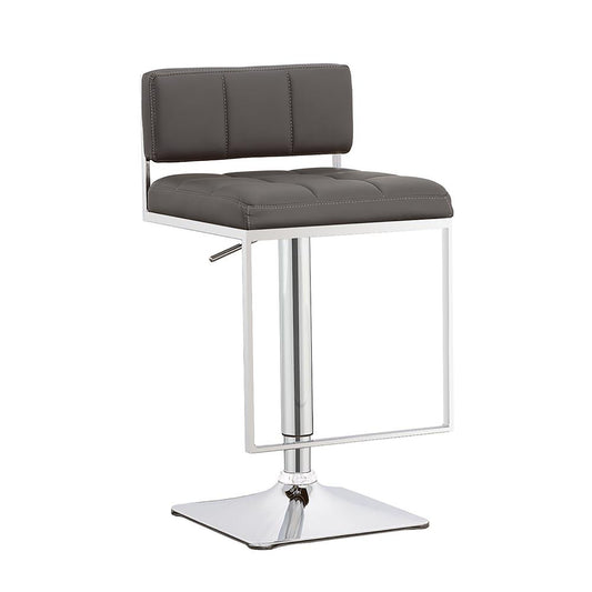 Padded grey faux leather bar stool with chrome base and footrest