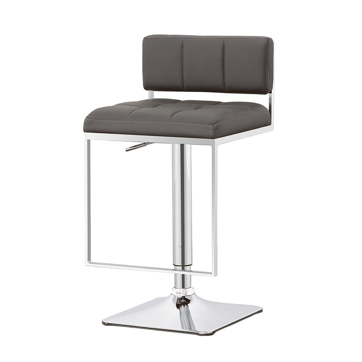 Modern gray faux leather bar stool with chrome base and adjustable height perfect for kitchen island