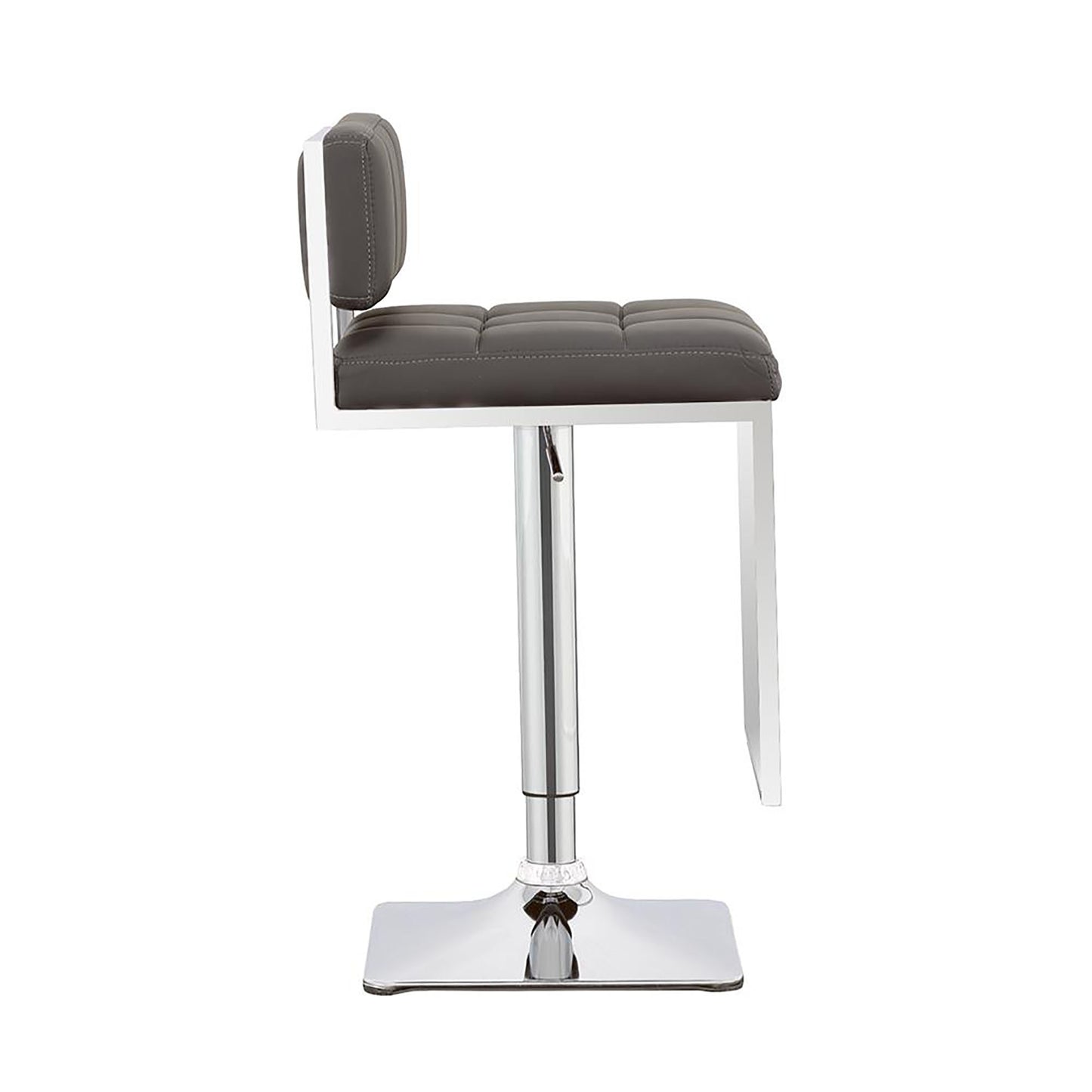 Modern grey leatherette bar stool with chrome base and adjustable height feature