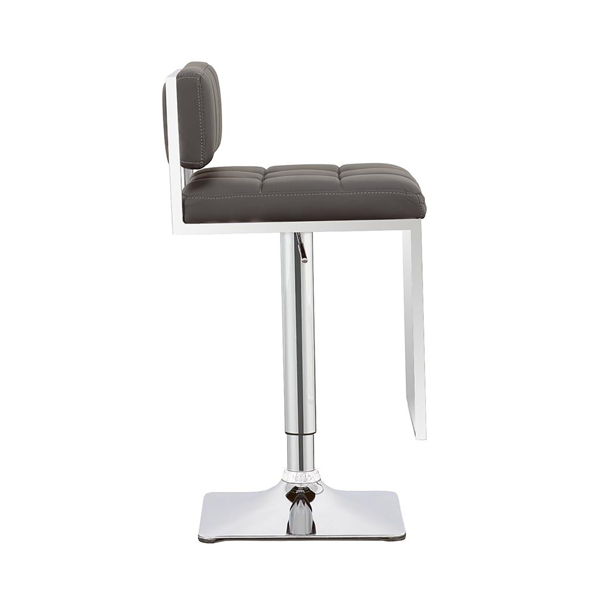 Modern grey leatherette bar stool with chrome base and adjustable height feature