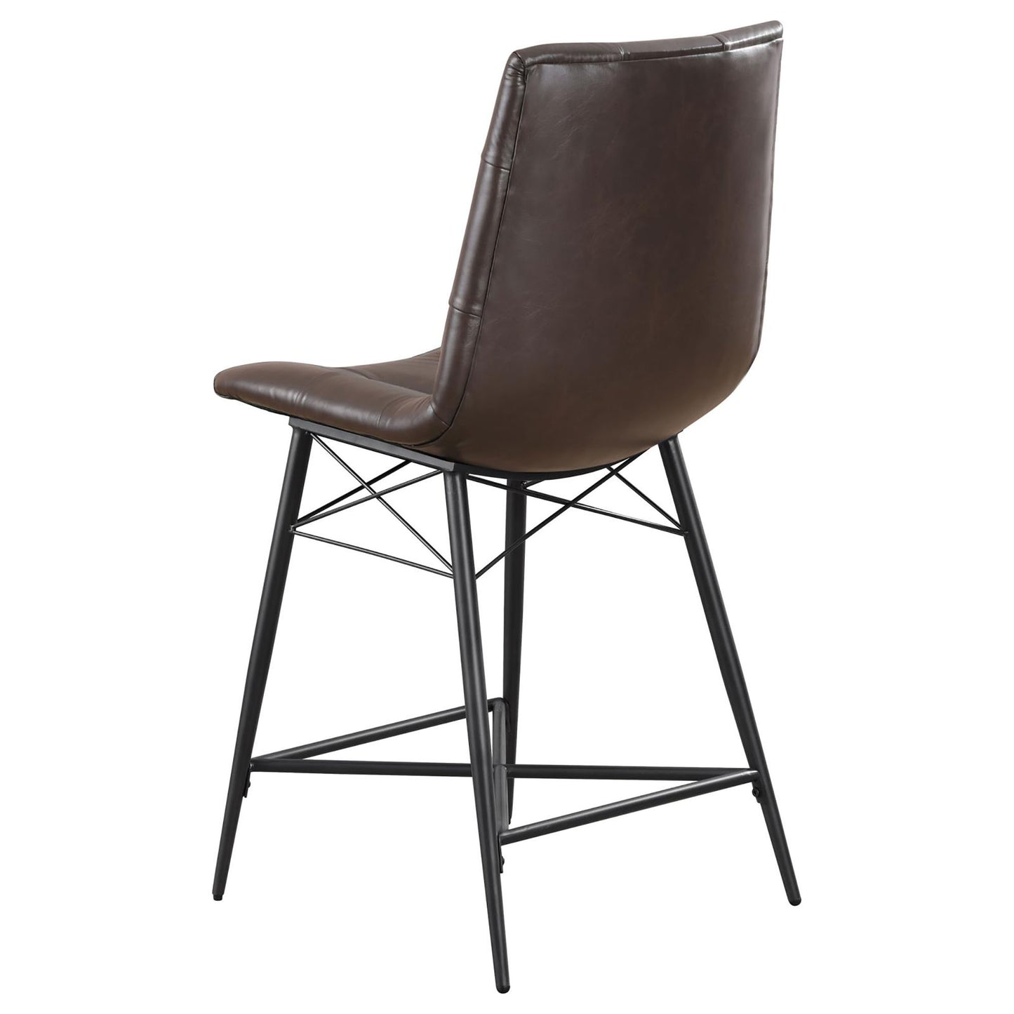 Dark brown faux leather counter stool with black metal legs and tufted back detail