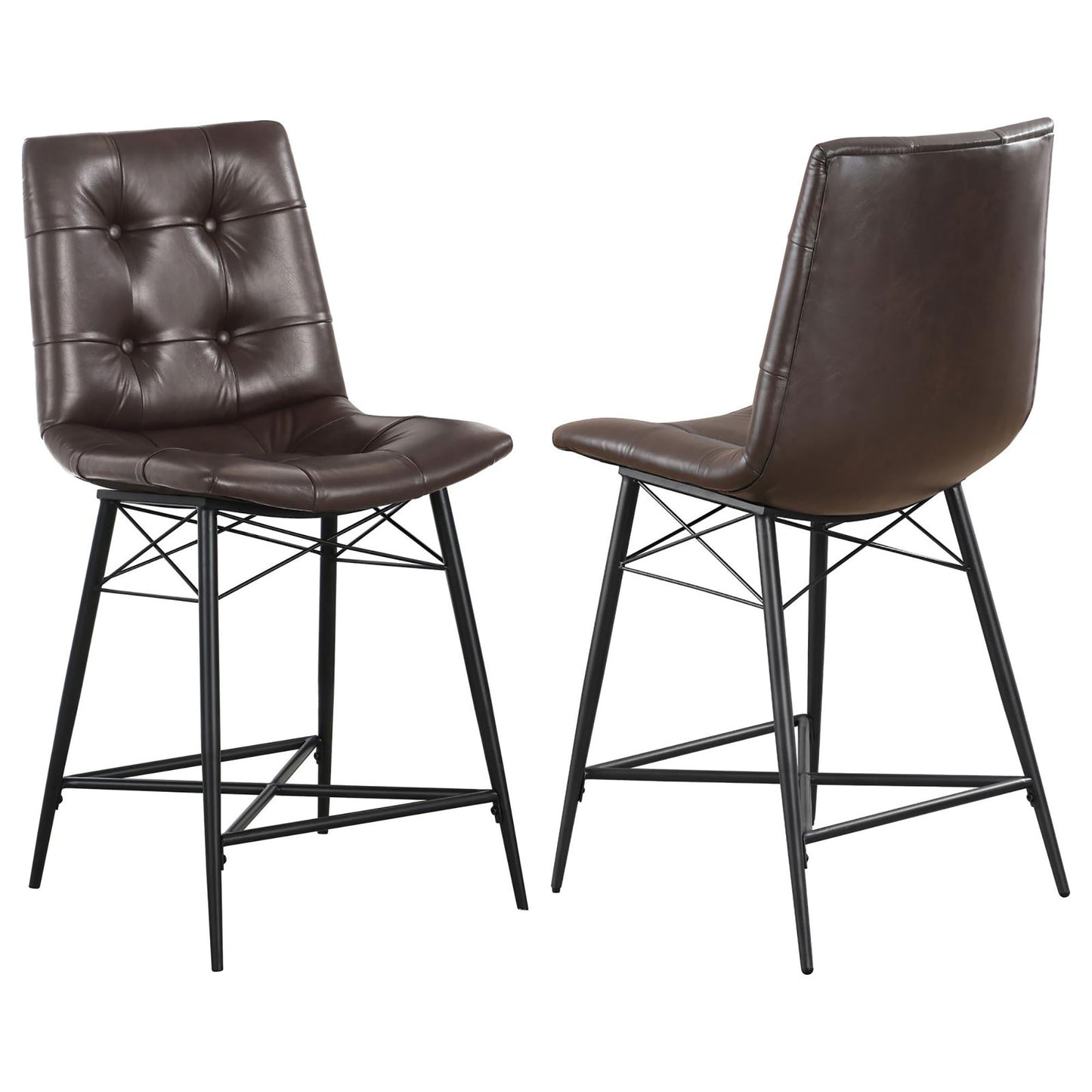 Brown faux leather tufted bar stool with black metal legs midcentury modern style