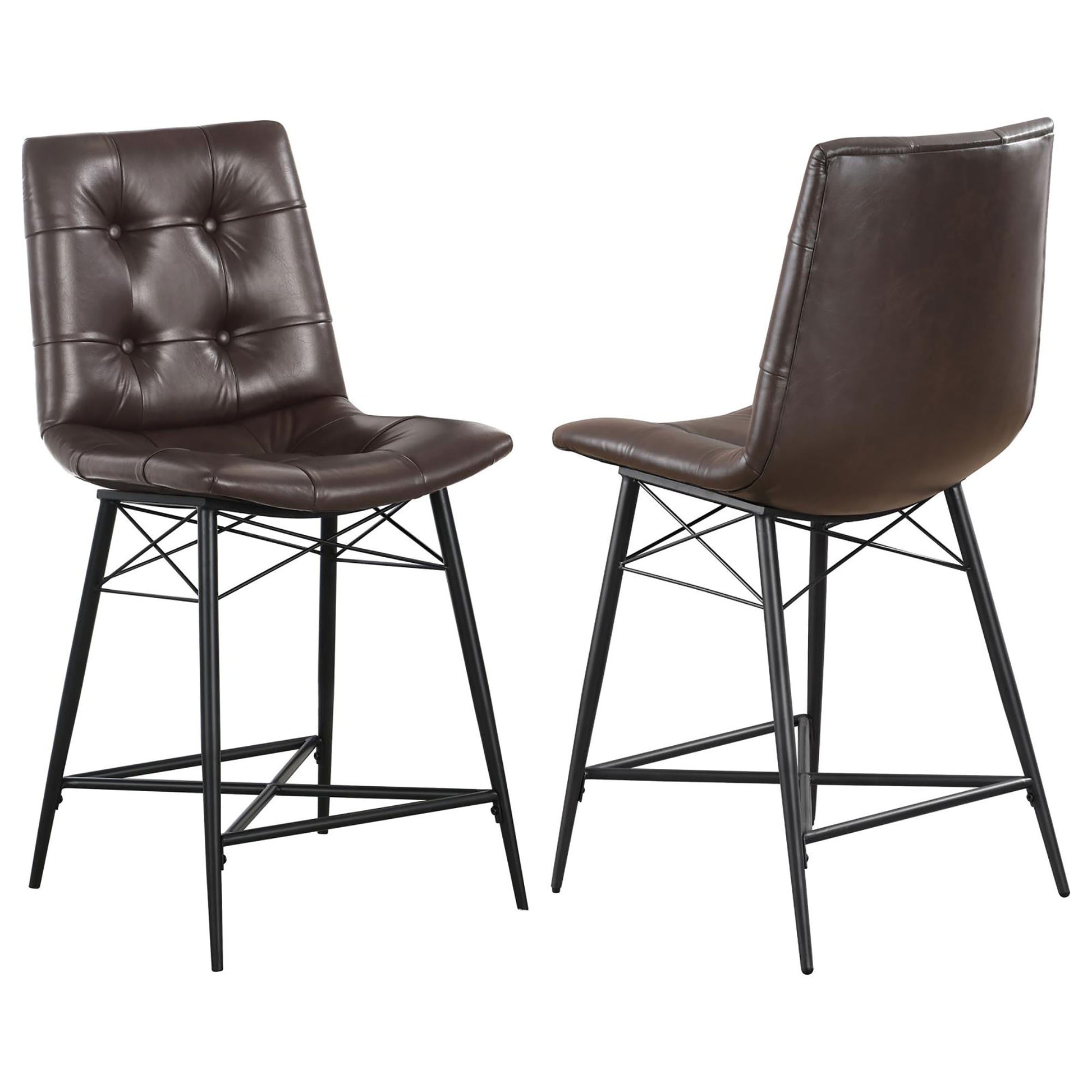 Brown faux leather tufted bar stool with black metal legs midcentury modern style