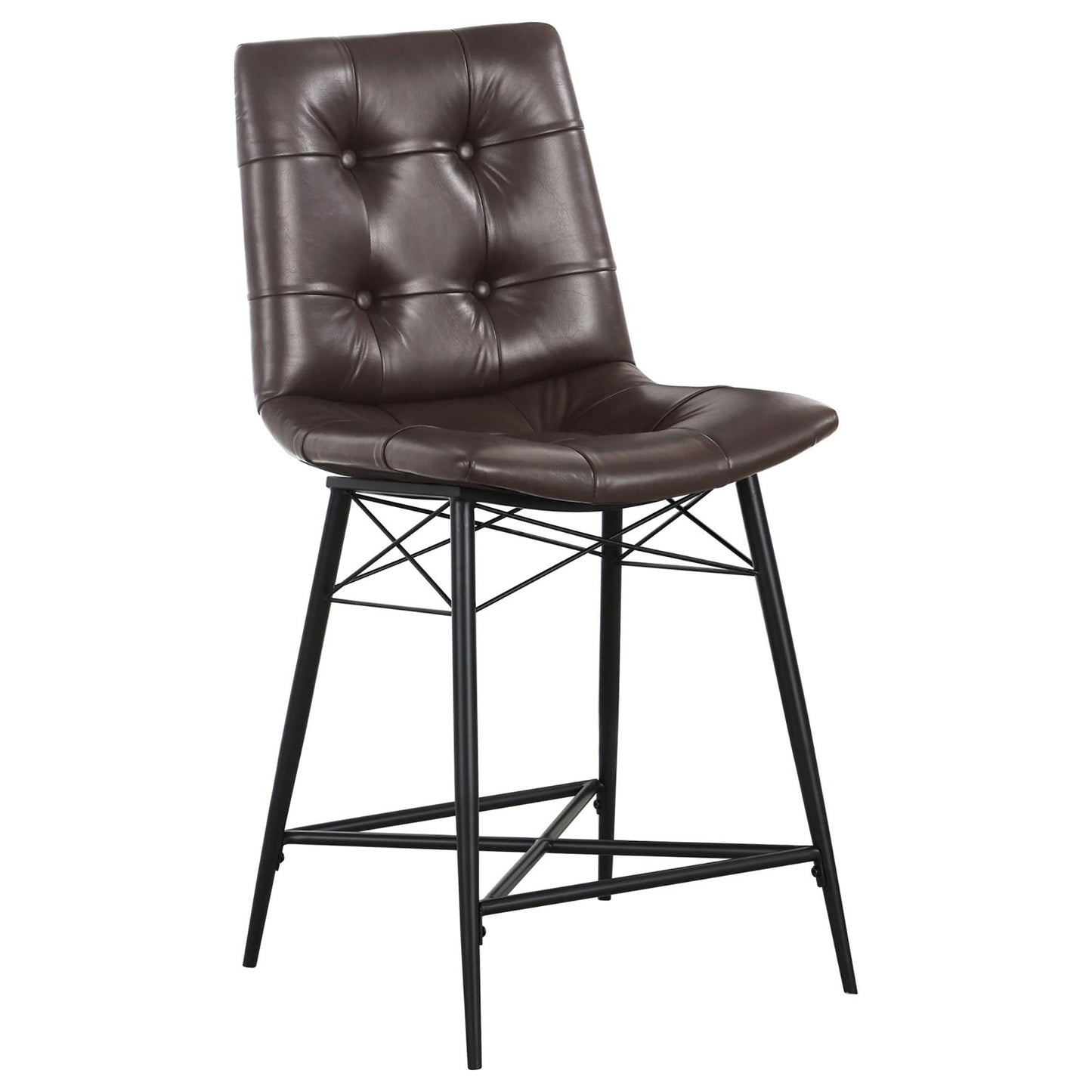 Tufted dark brown faux leather bar stool with black metal legs and a modern design