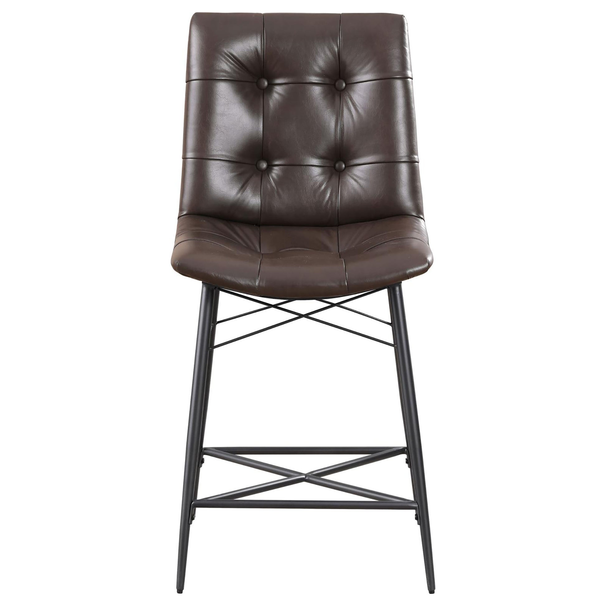 Tufted brown faux leather counter stool with black metal legs