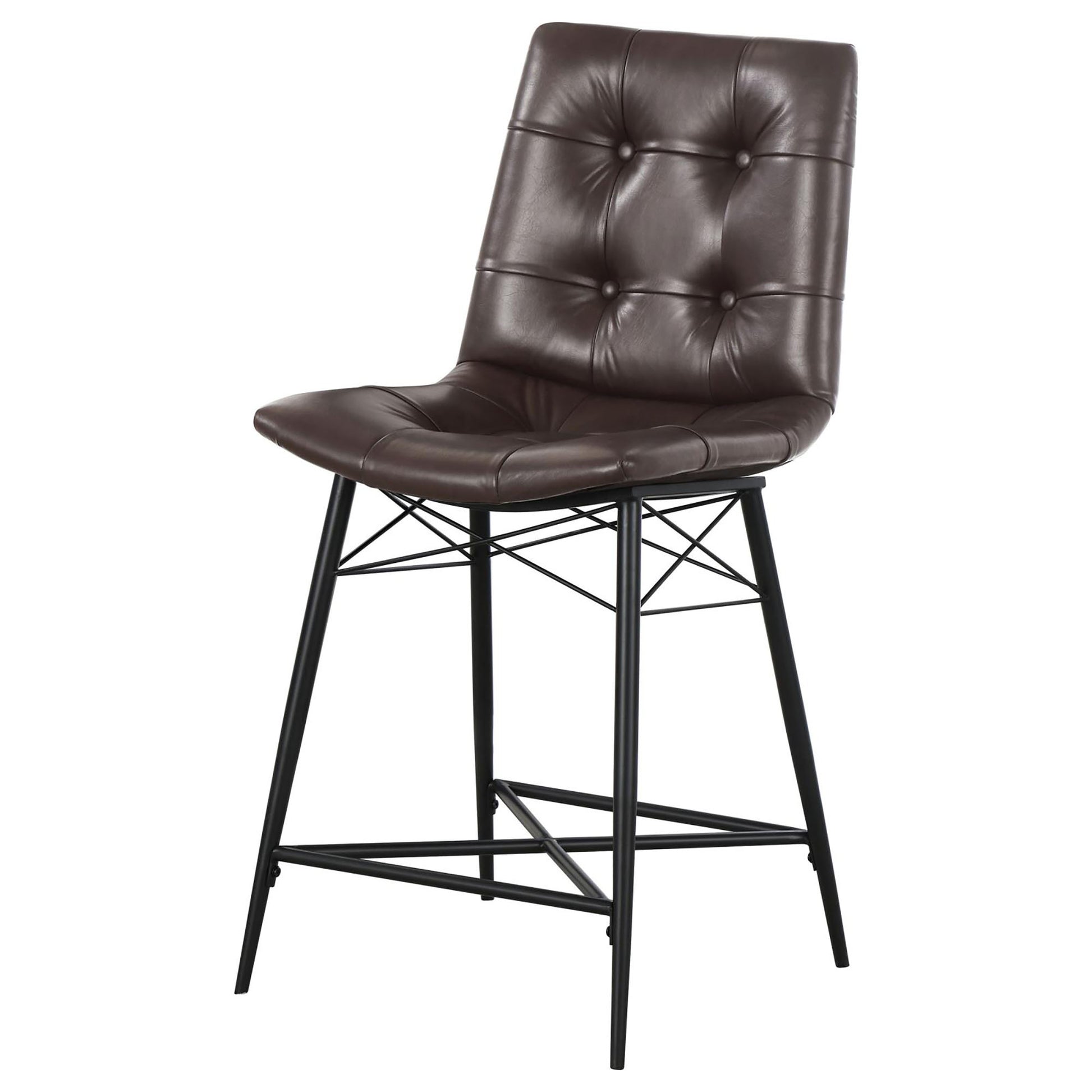 Brown tufted faux leather bar stool with black metal legs