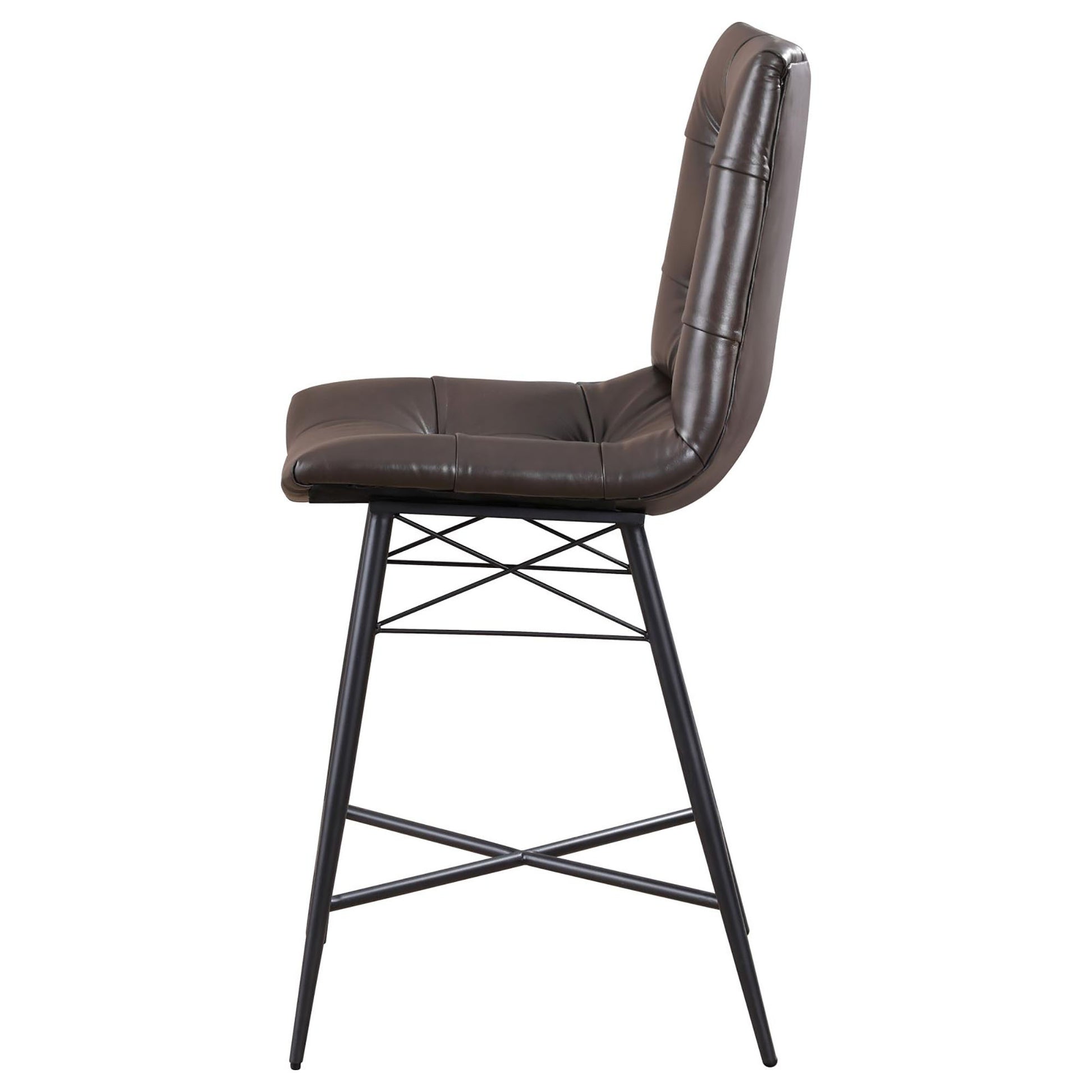 Brown faux leather tufted back bar stool with black metal base